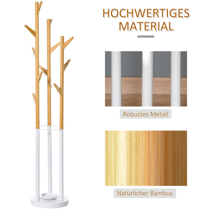 Coat Rack, Clothes Stand with 12 Hooks and Umbrella Stand, Tree-Shaped Wardrobe, Modern Coat Stand for Clothing, Hat, Bag, for Living Room, Bedroom, Bamboo, Natural+White