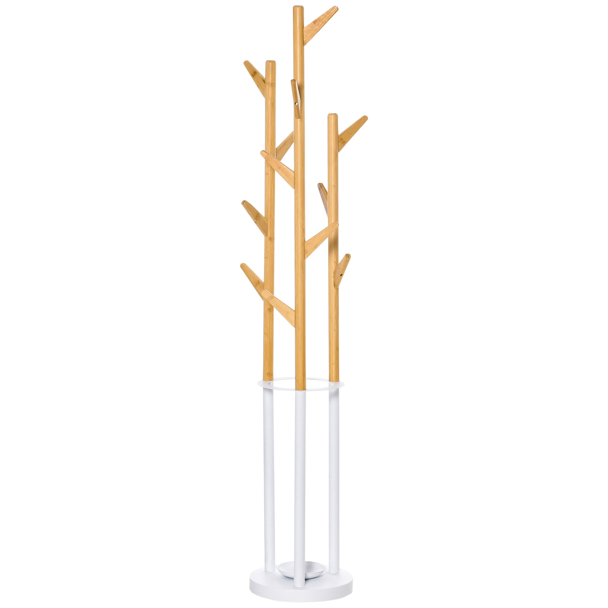 Coat Rack, Clothes Stand with 12 Hooks and Umbrella Stand, Tree-Shaped Wardrobe, Modern Coat Stand for Clothing, Hat, Bag, for Living Room, Bedroom, Bamboo, Natural+White