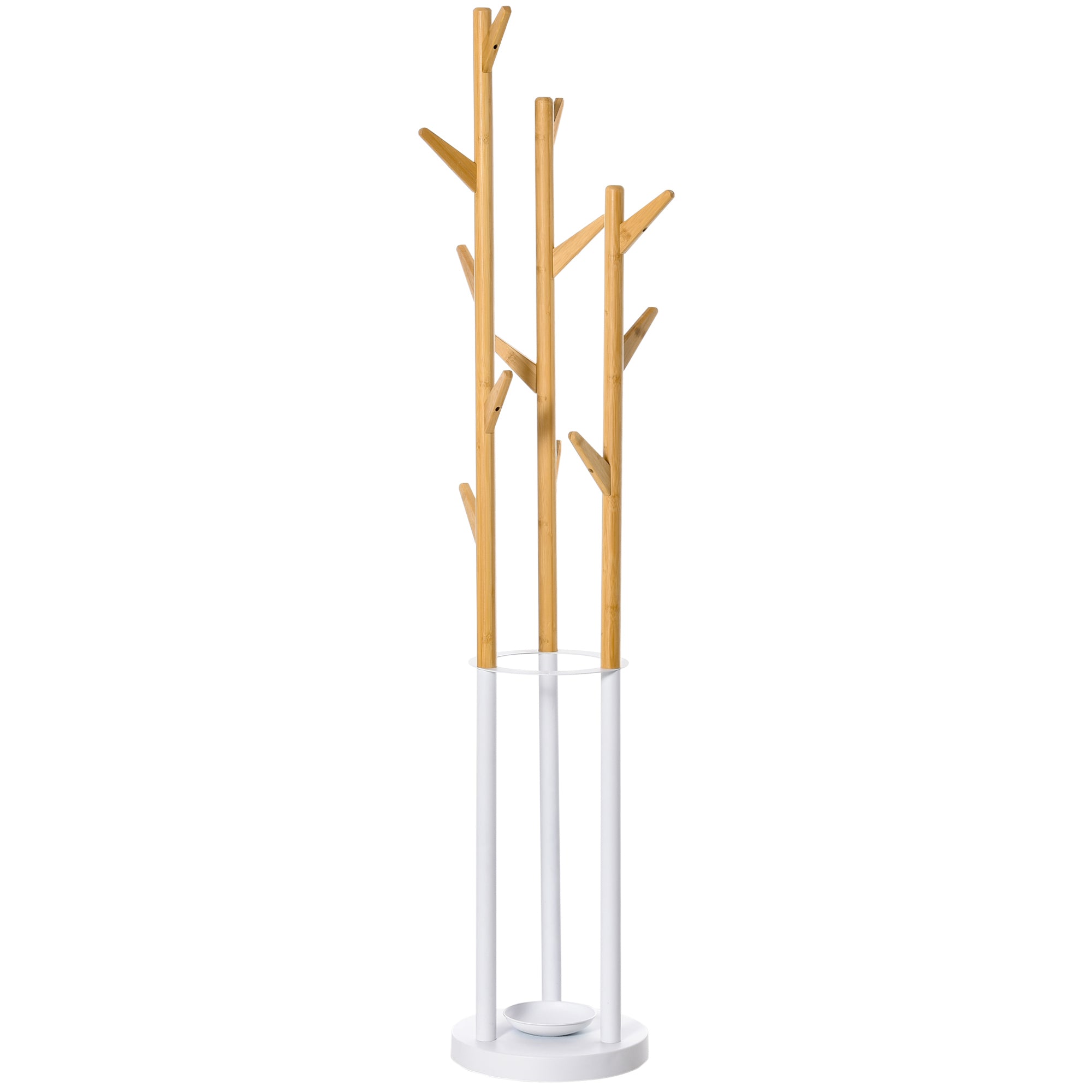 Coat Rack, Clothes Stand with 12 Hooks and Umbrella Stand, Tree-Shaped Wardrobe, Modern Coat Stand for Clothing, Hat, Bag, for Living Room, Bedroom, Bamboo, Natural+White