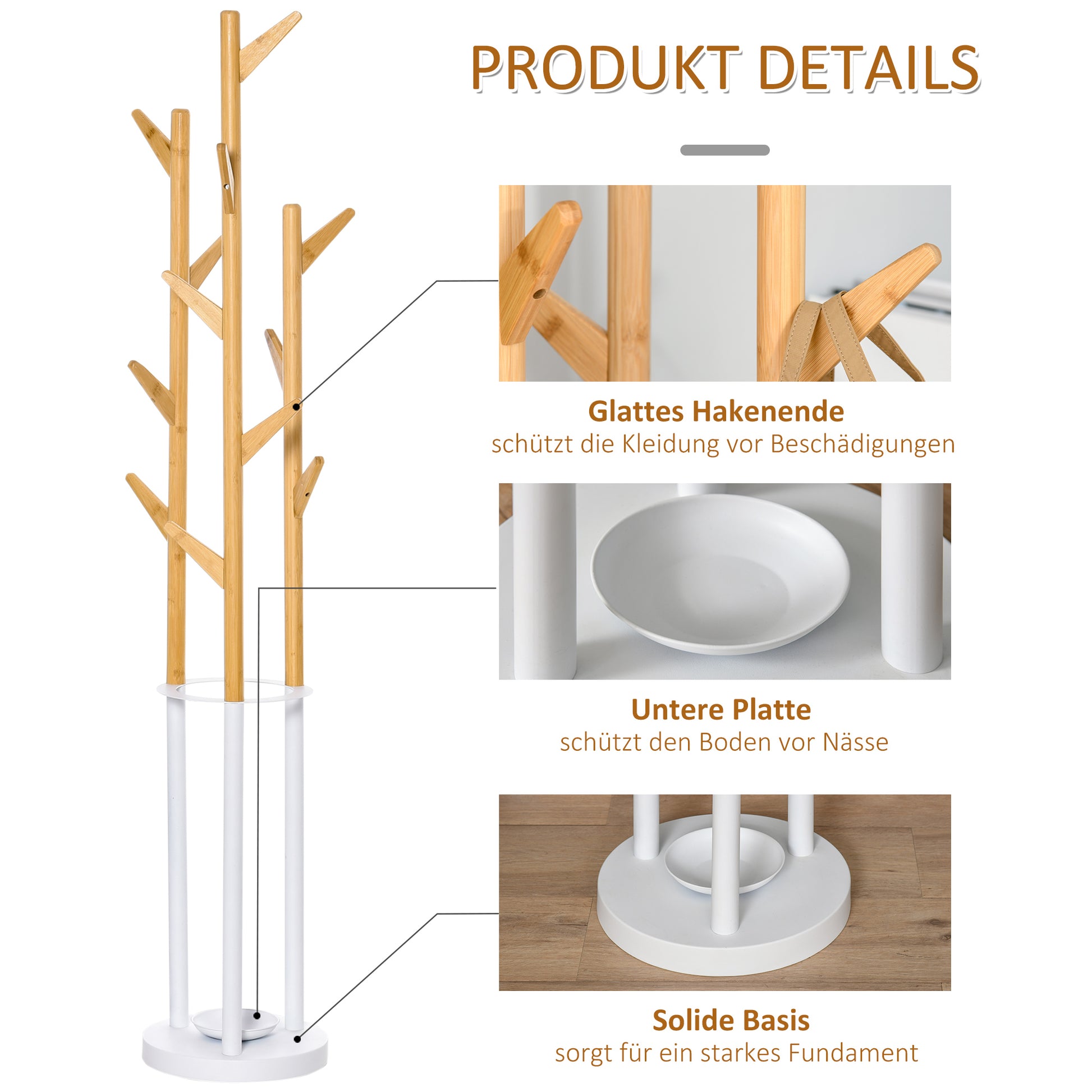 Coat Rack, Clothes Stand with 12 Hooks and Umbrella Stand, Tree-Shaped Wardrobe, Modern Coat Stand for Clothing, Hat, Bag, for Living Room, Bedroom, Bamboo, Natural+White