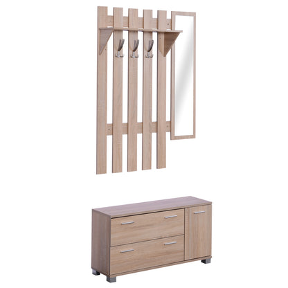 Entryway Set with Mirror, Coat Rack, and Shoe Cabinet Entryway Furniture with 3 Hooks, Shelf, and 2 Drawers for Hallway Oak