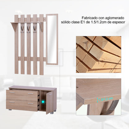 Entryway Set with Mirror, Coat Rack, and Shoe Cabinet Entryway Furniture with 3 Hooks, Shelf, and 2 Drawers for Hallway Oak