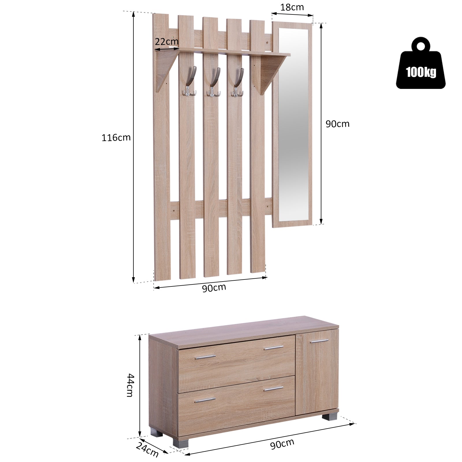 Entryway Set with Mirror, Coat Rack, and Shoe Cabinet Entryway Furniture with 3 Hooks, Shelf, and 2 Drawers for Hallway Oak