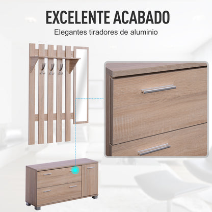 Entryway Set with Mirror, Coat Rack, and Shoe Cabinet Entryway Furniture with 3 Hooks, Shelf, and 2 Drawers for Hallway Oak