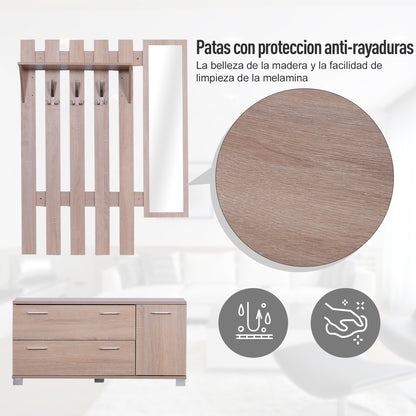 Entryway Set with Mirror, Coat Rack, and Shoe Cabinet Entryway Furniture with 3 Hooks, Shelf, and 2 Drawers for Hallway Oak