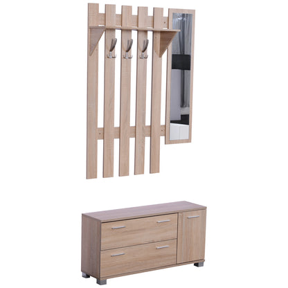 Entryway Set with Mirror, Coat Rack, and Shoe Cabinet Entryway Furniture with 3 Hooks, Shelf, and 2 Drawers for Hallway Oak