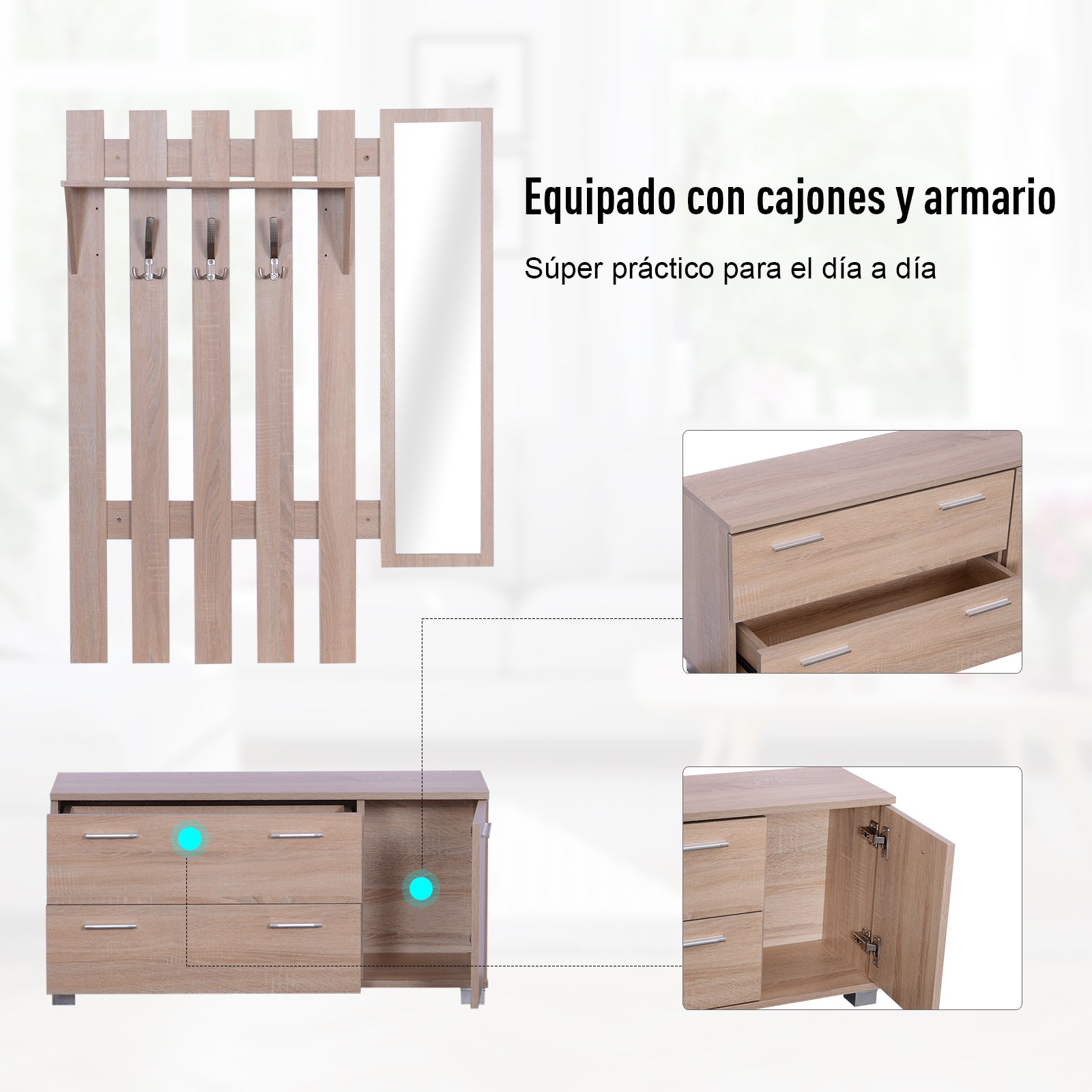 Entryway Set with Mirror, Coat Rack, and Shoe Cabinet Entryway Furniture with 3 Hooks, Shelf, and 2 Drawers for Hallway Oak