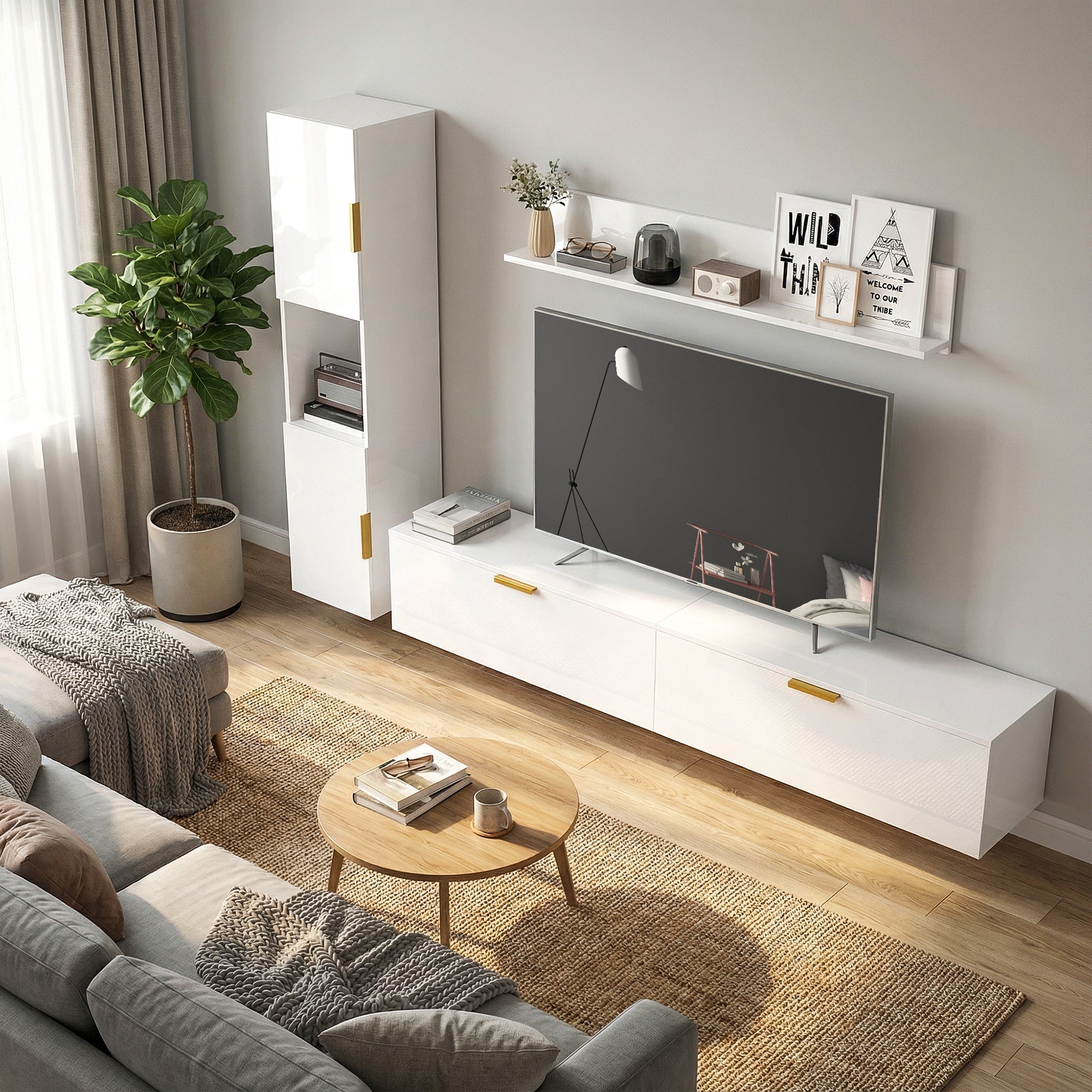 3-Piece Floating TV Wall Unit with Shelf & Storage Cabinet — Fits TVs up to 55 in, High-Gloss White
