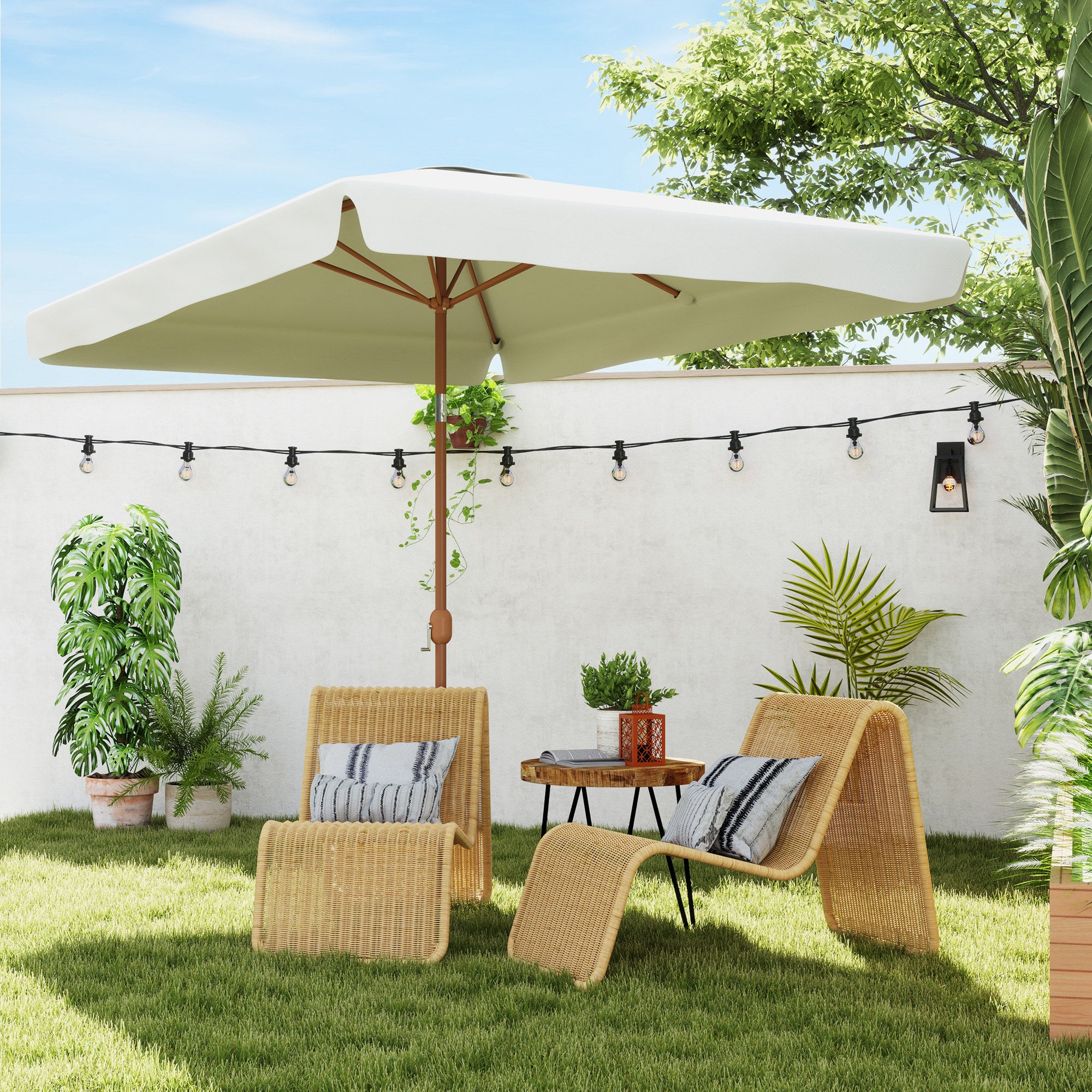 Outdoor Patio Umbrella 300x200 cm Exterior Terrace Parasol with Adjustable Angle Aluminum Pole Crank and UV 50+ Protection Umbrella for Garden Patio Cream