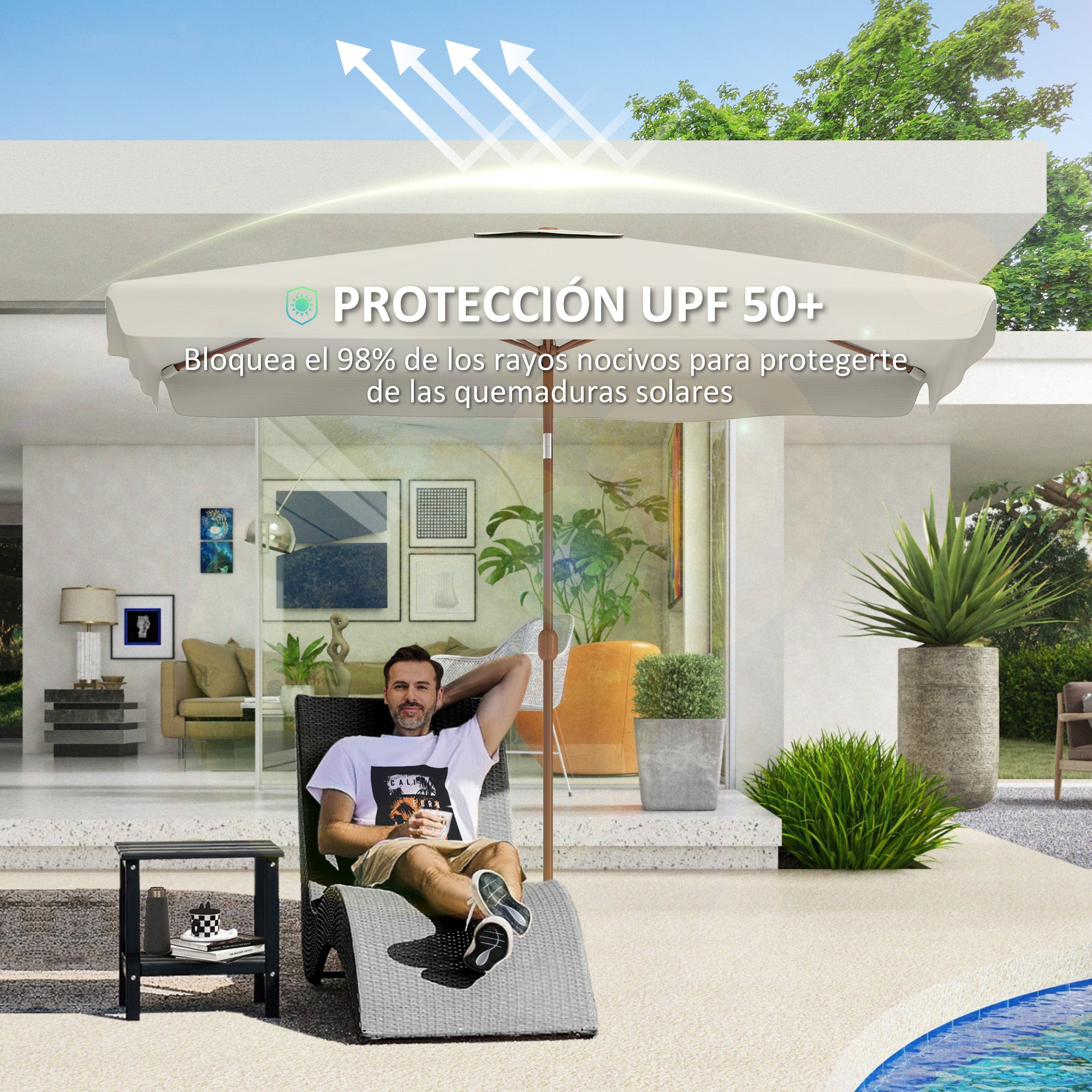Outdoor Patio Umbrella 300x200 cm Exterior Terrace Parasol with Adjustable Angle Aluminum Pole Crank and UV 50+ Protection Umbrella for Garden Patio Cream