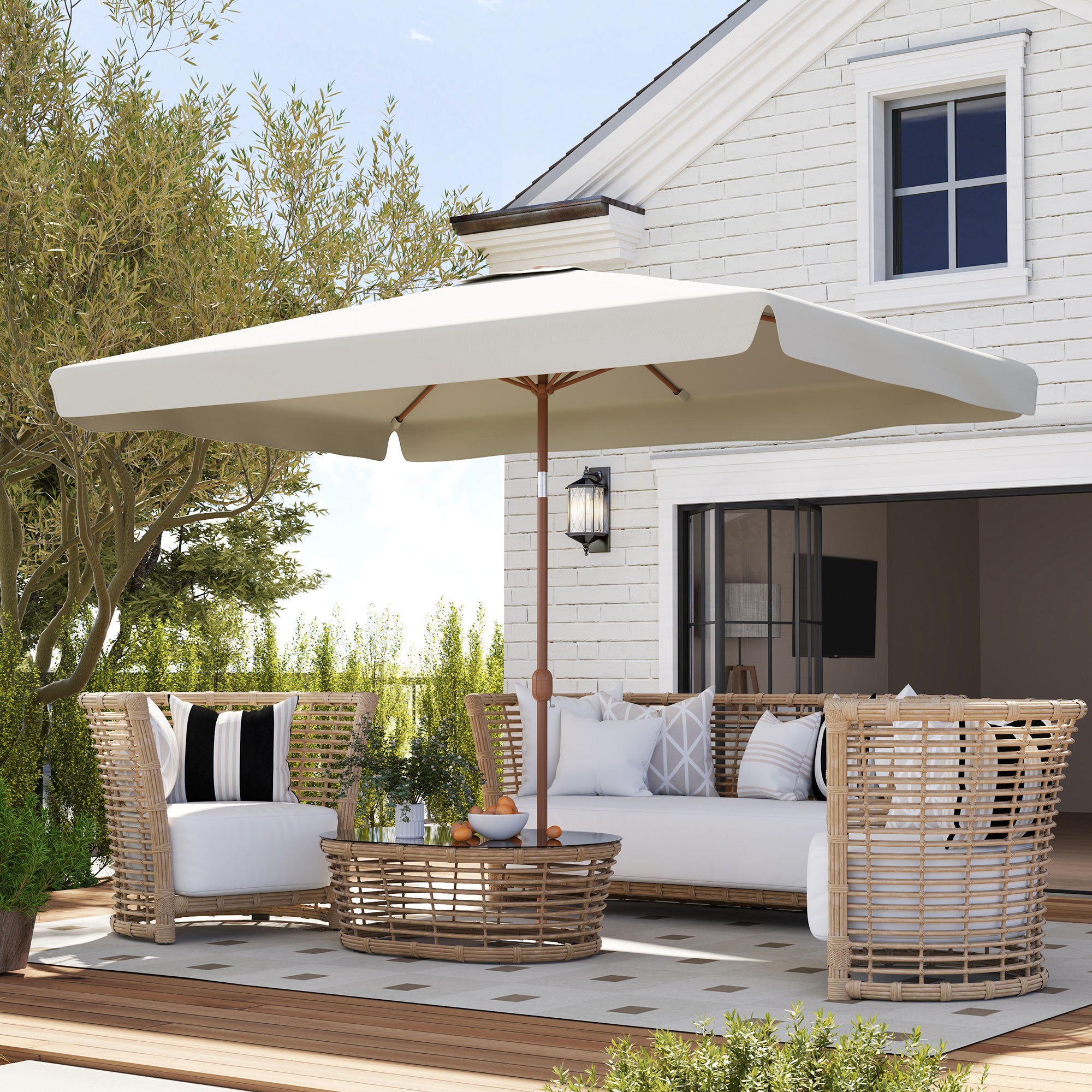 Outdoor Patio Umbrella 300x200 cm Exterior Terrace Parasol with Adjustable Angle Aluminum Pole Crank and UV 50+ Protection Umbrella for Garden Patio Cream