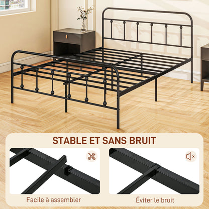 140 x 200 cm Bed Frame Double Bed Frame in Steel with Slatted Base, Headboard and Footboard, Height 33 cm with Storage, Load 330Kg, Black