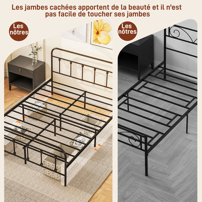 140 x 200 cm Bed Frame Double Bed Frame in Steel with Slatted Base, Headboard and Footboard, Height 33 cm with Storage, Load 330Kg, Black