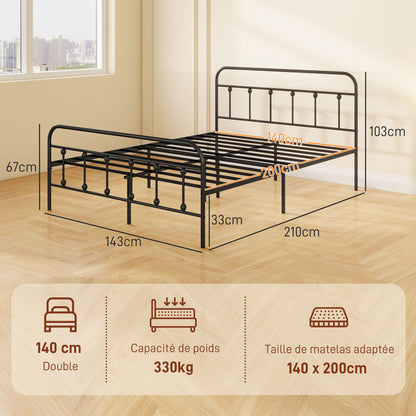 140 x 200 cm Bed Frame Double Bed Frame in Steel with Slatted Base, Headboard and Footboard, Height 33 cm with Storage, Load 330Kg, Black