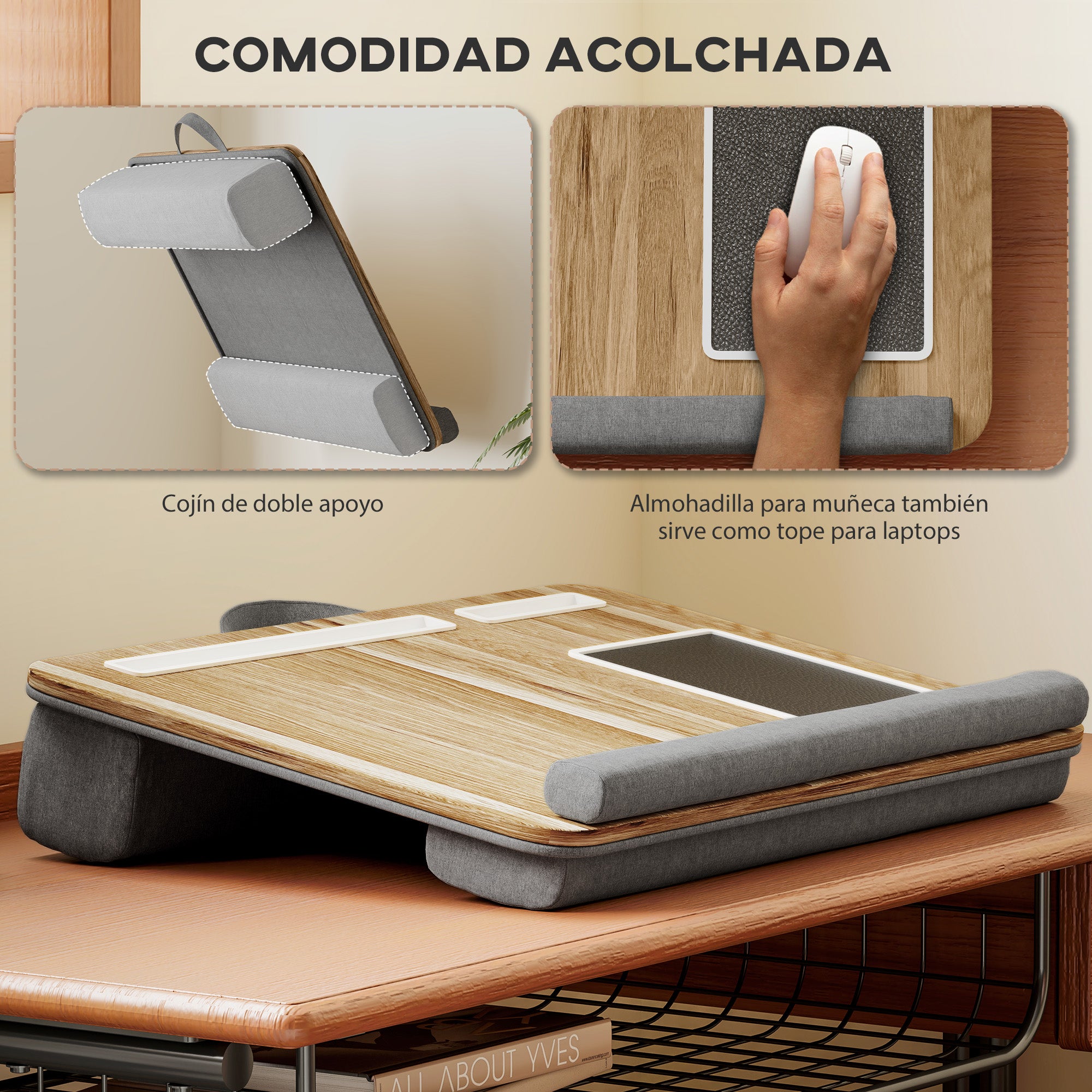 Laptop Stand with Cushion Laptop Stand with Tablet Slot Mouse Pad Wrist Rest Bed Table Home Office 55.5x37x9 cm Oak