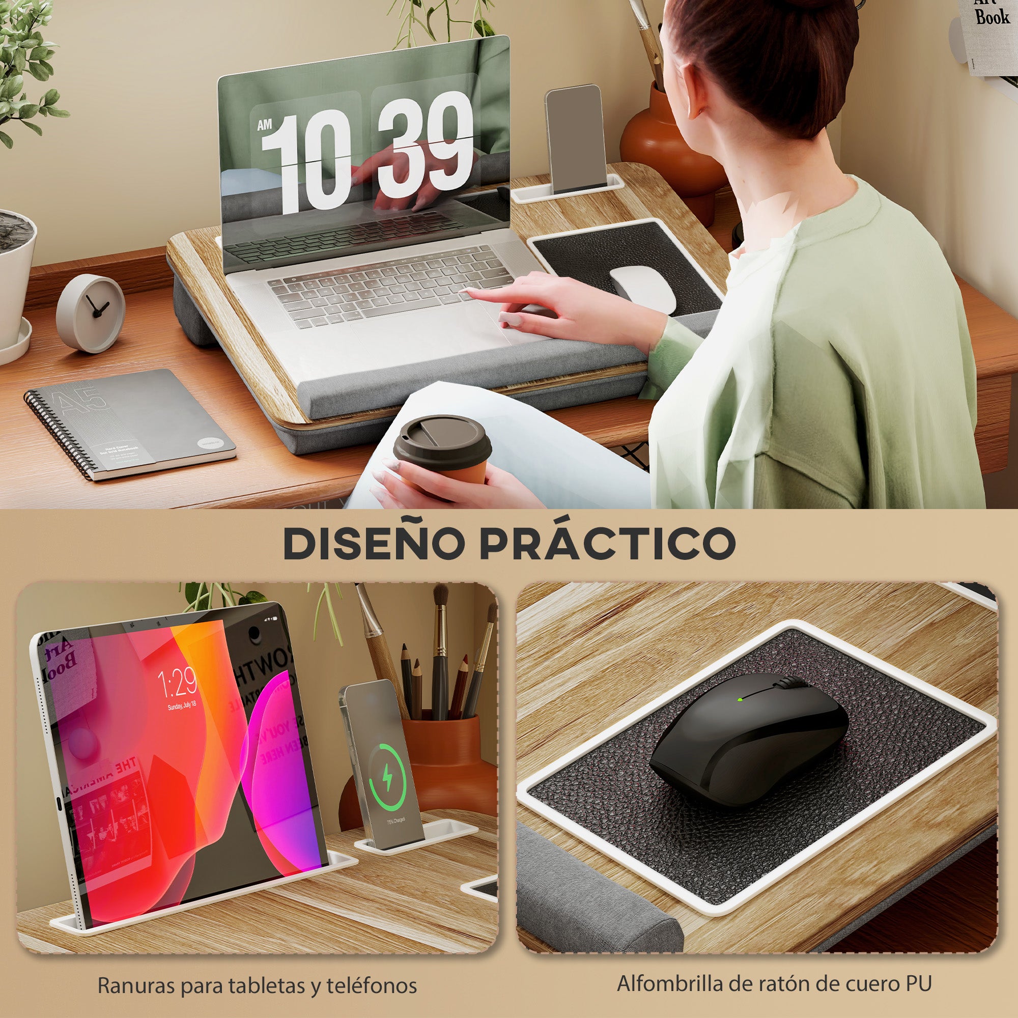 Laptop Stand with Cushion Laptop Stand with Tablet Slot Mouse Pad Wrist Rest Bed Table Home Office 55.5x37x9 cm Oak
