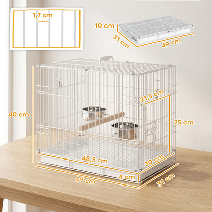 Collapsible Bird Cage with Wooden Perch, 2 Stainless Bowls & Carry Handle — Steel Cage with Removable Tray for Budgies & Cockatiels, White, 49 x 31 x 40 cm (19.3 x 12.2 x 15.7 in)