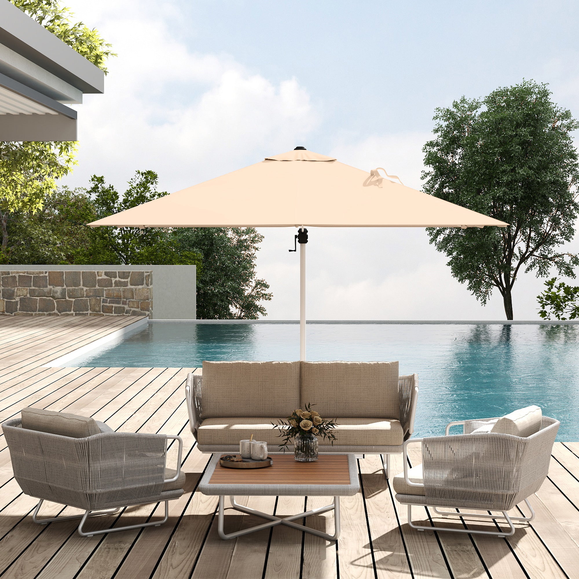 Crank Garden Umbrella 3x3m Tiltable on 5 Levels, Side Hanging Umbrella with 360° Swivel Cross Base and Air Vent, in Polyester, Aluminum, UV50+, Khaki