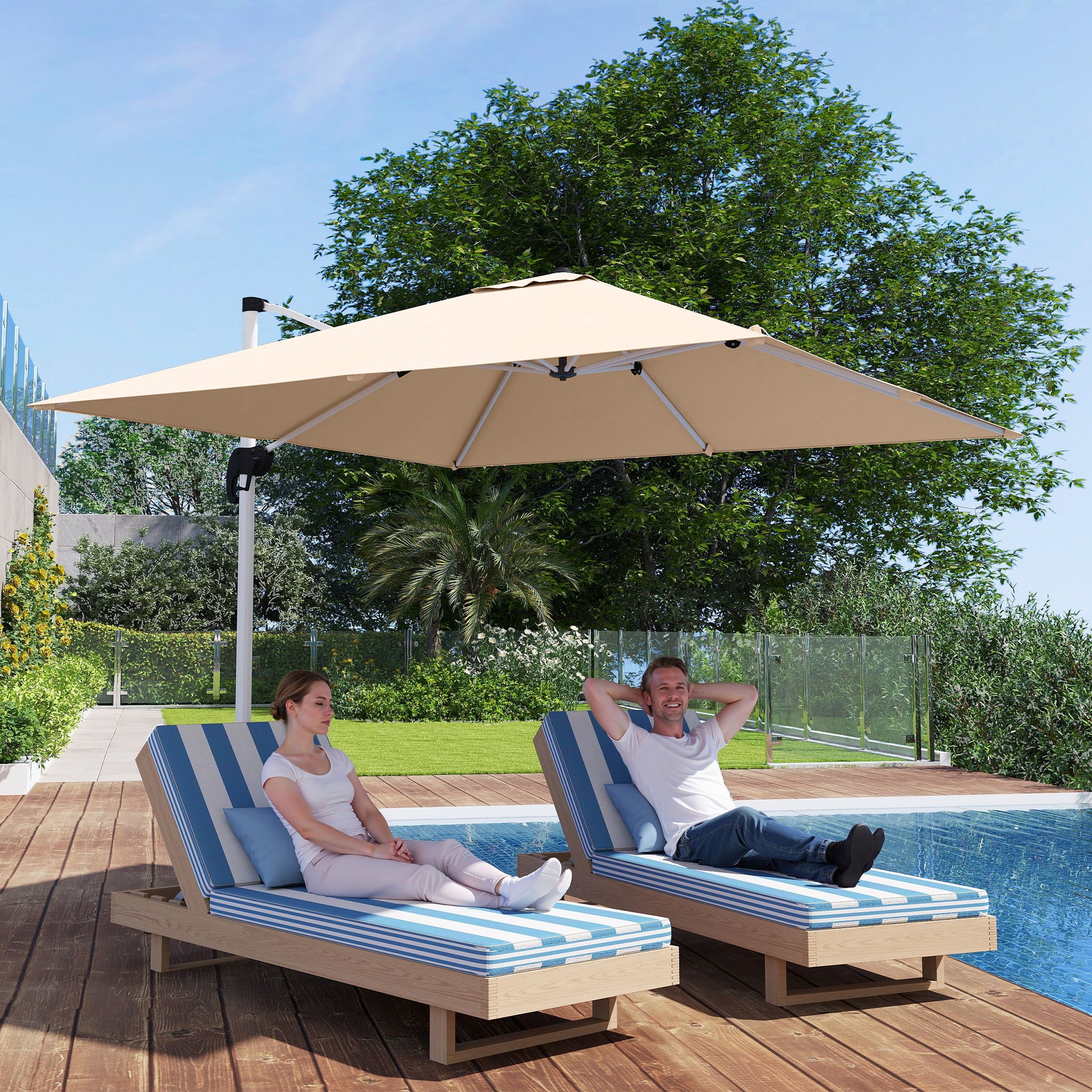 Crank Garden Umbrella 3x3m Tiltable on 5 Levels, Side Hanging Umbrella with 360° Swivel Cross Base and Air Vent, in Polyester, Aluminum, UV50+, Khaki