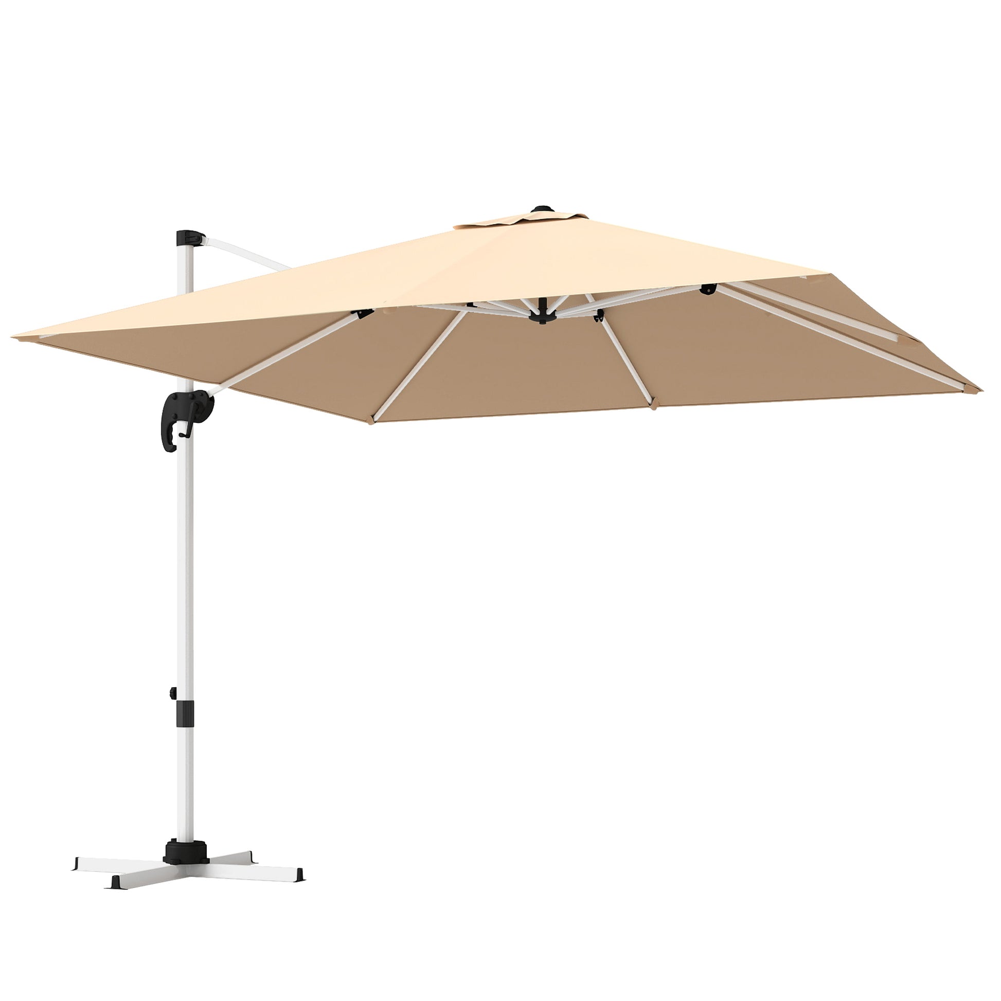 Crank Garden Umbrella 3x3m Tiltable on 5 Levels, Side Hanging Umbrella with 360° Swivel Cross Base and Air Vent, in Polyester, Aluminum, UV50+, Khaki