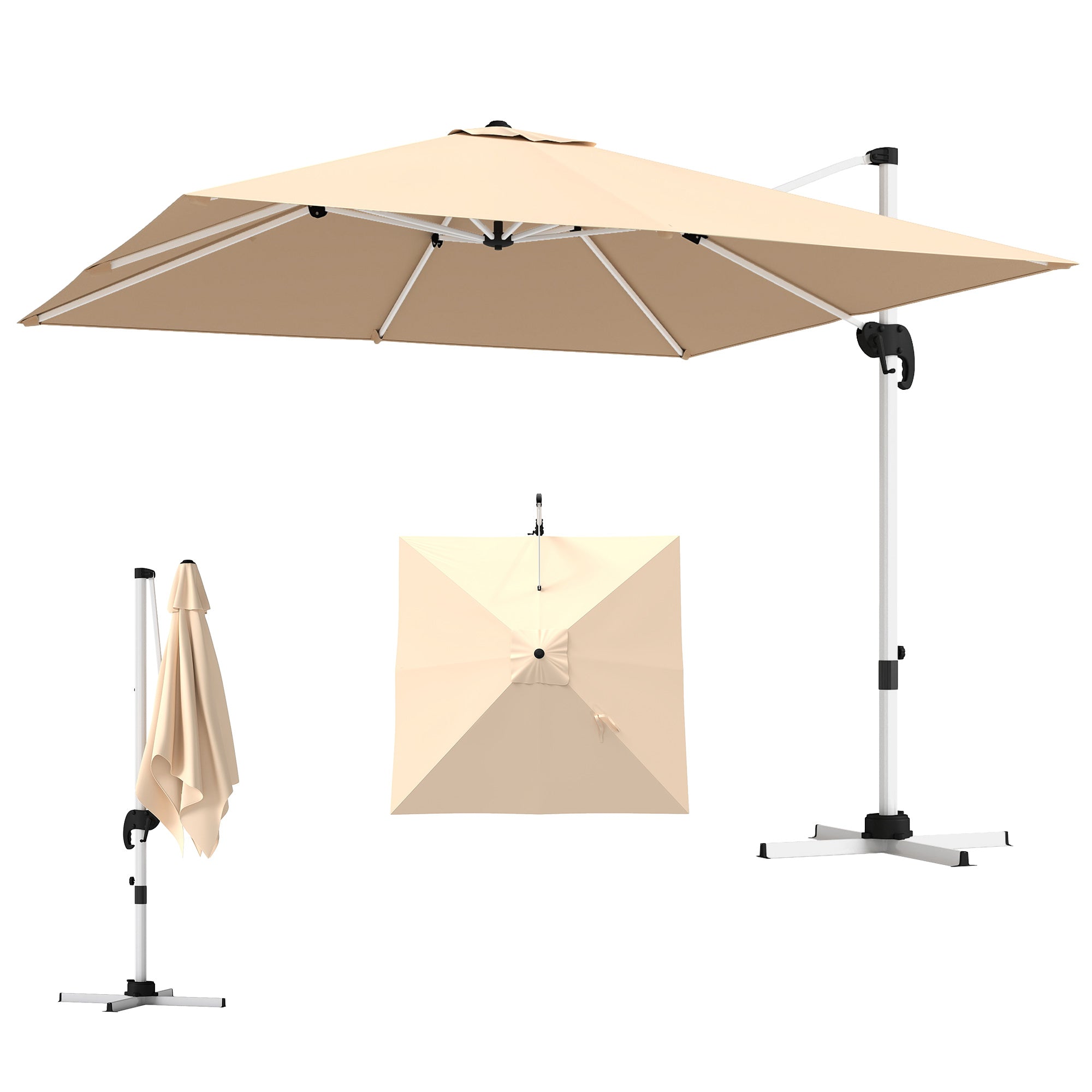 Crank Garden Umbrella 3x3m Tiltable on 5 Levels, Side Hanging Umbrella with 360° Swivel Cross Base and Air Vent, in Polyester, Aluminum, UV50+, Khaki