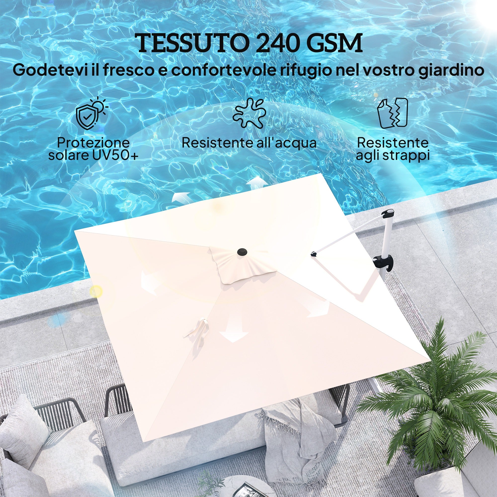 Crank Garden Umbrella 3x3m Tiltable on 5 Levels, Side Hanging Umbrella with 360° Swivel Cross Base and Air Vent, in Polyester, Aluminum, UV50+, Khaki