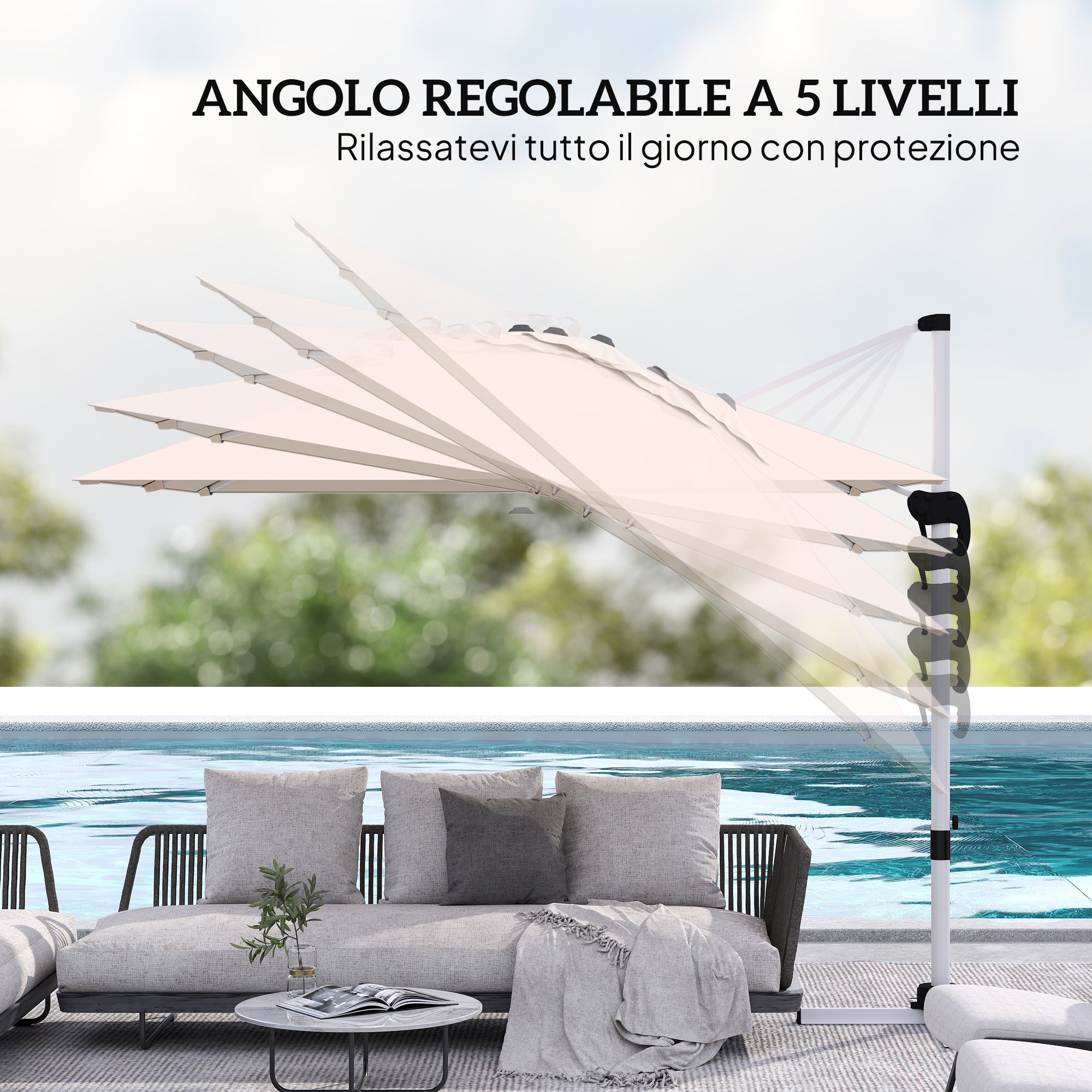 Crank Garden Umbrella 3x3m Tiltable on 5 Levels, Side Hanging Umbrella with 360° Swivel Cross Base and Air Vent, in Polyester, Aluminum, UV50+, Khaki