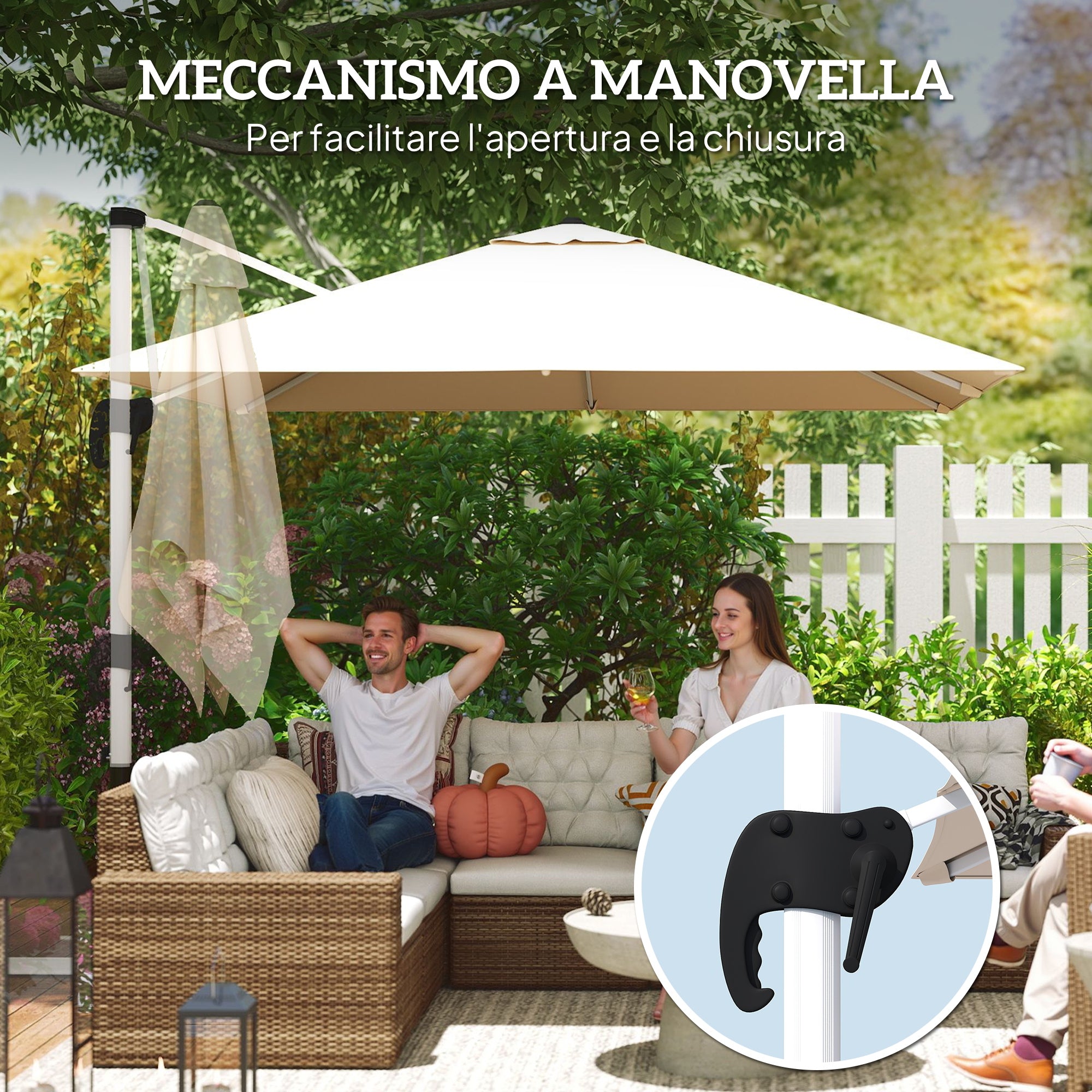 Crank Garden Umbrella 3x3m Tiltable on 5 Levels, Side Hanging Umbrella with 360° Swivel Cross Base and Air Vent, in Polyester, Aluminum, UV50+, Khaki