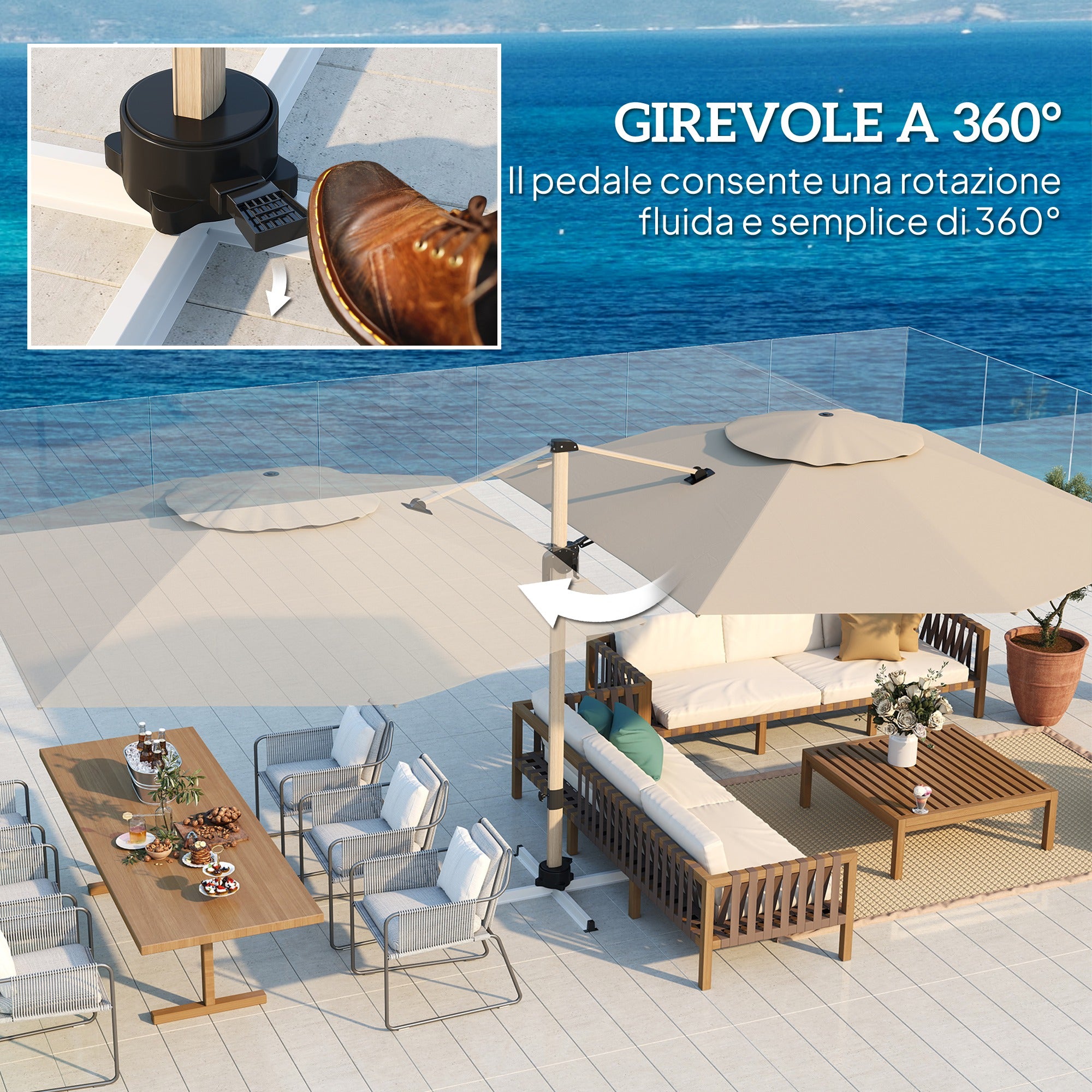 Crank Garden Umbrella 3x3m Tiltable on 5 Levels, Side Hanging Umbrella with 360° Swivel Cross Base and Air Vent, in Polyester, Aluminum, UV50+, Khaki