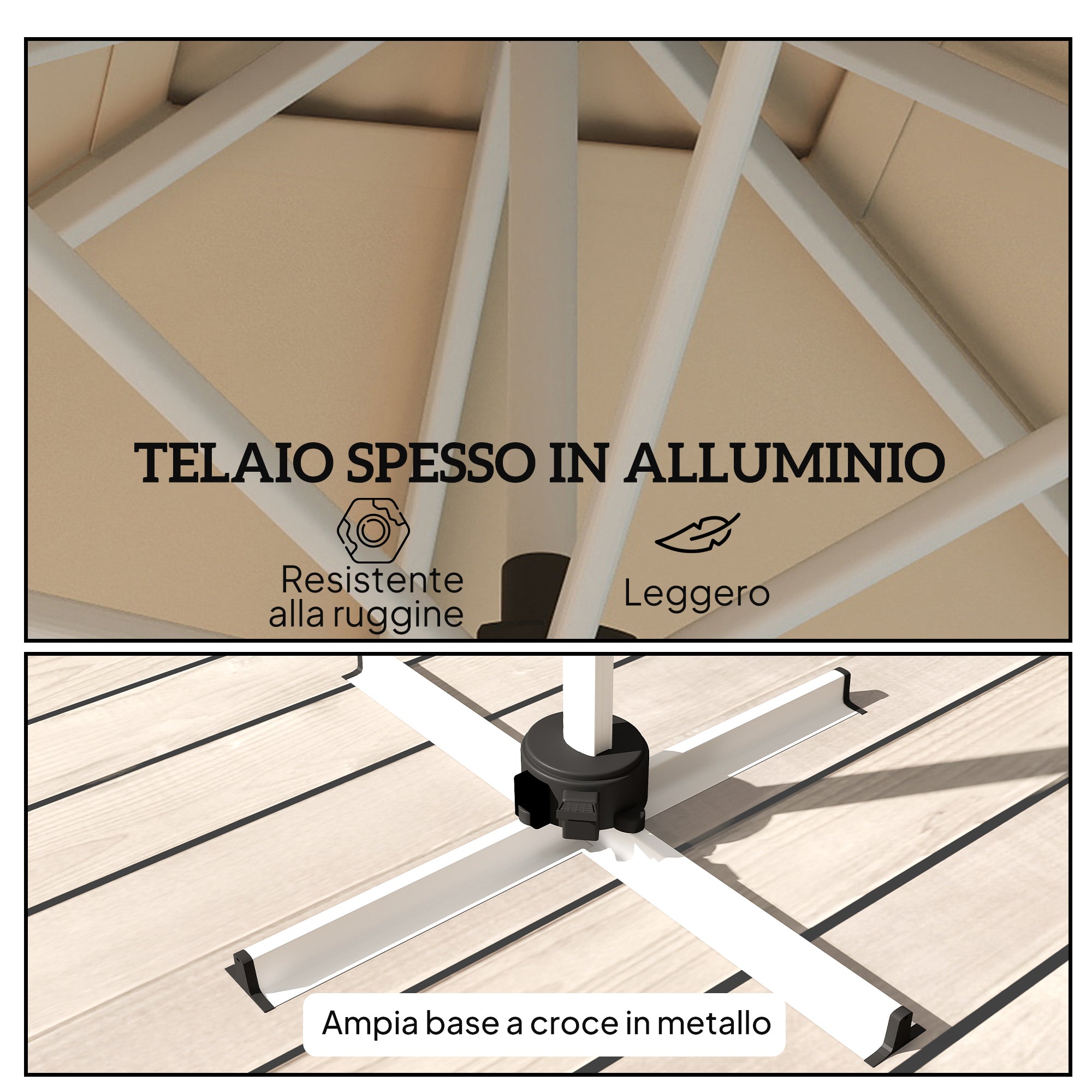 Crank Garden Umbrella 3x3m Tiltable on 5 Levels, Side Hanging Umbrella with 360° Swivel Cross Base and Air Vent, in Polyester, Aluminum, UV50+, Khaki