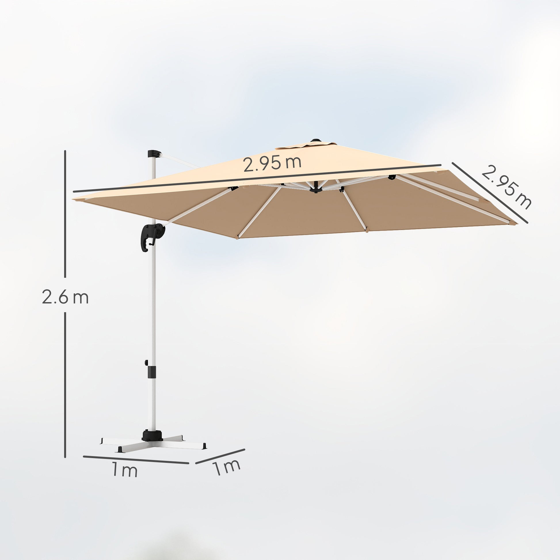 Crank Garden Umbrella 3x3m Tiltable on 5 Levels, Side Hanging Umbrella with 360° Swivel Cross Base and Air Vent, in Polyester, Aluminum, UV50+, Khaki