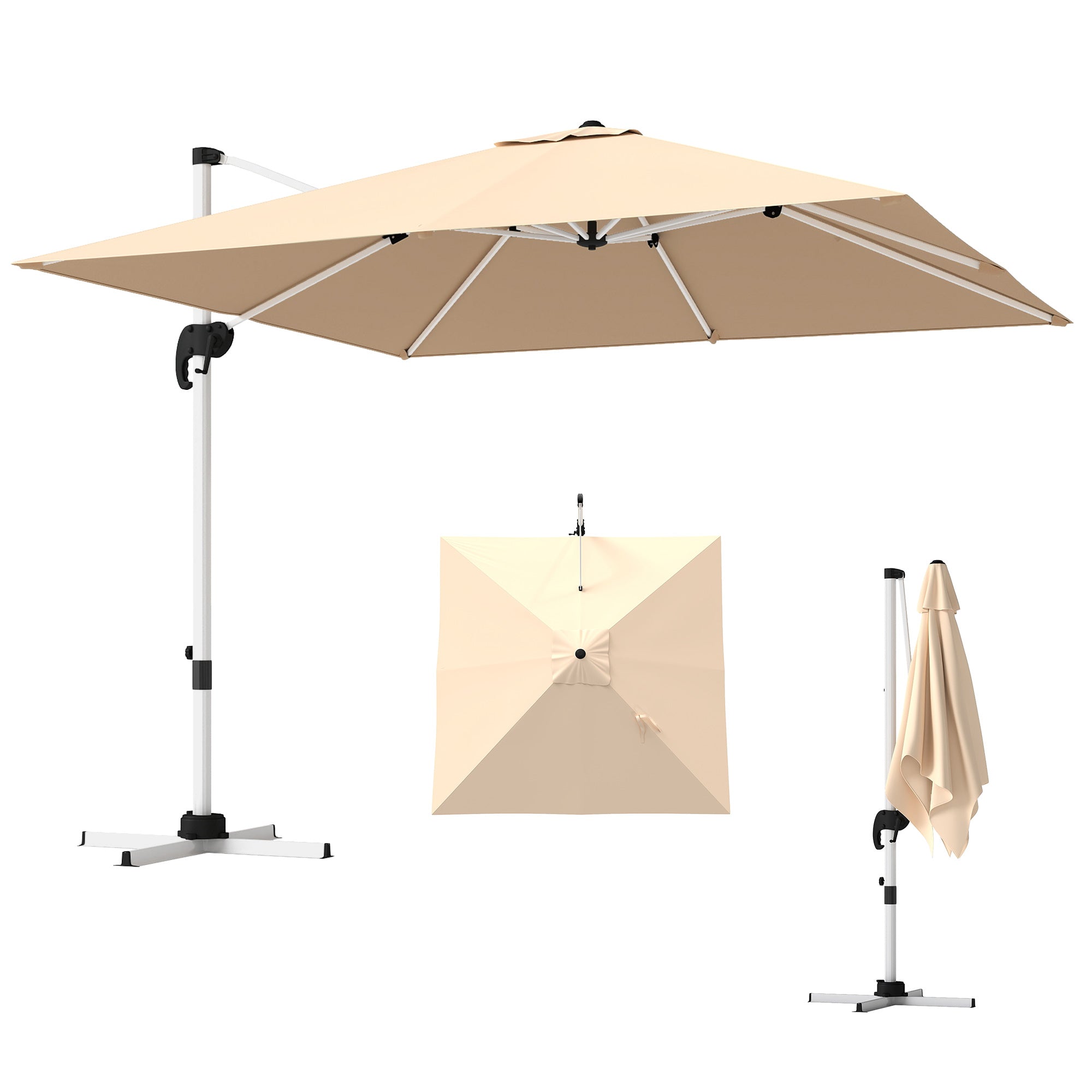 Crank Garden Umbrella 3x3m Tiltable on 5 Levels, Side Hanging Umbrella with 360° Swivel Cross Base and Air Vent, in Polyester, Aluminum, UV50+, Khaki