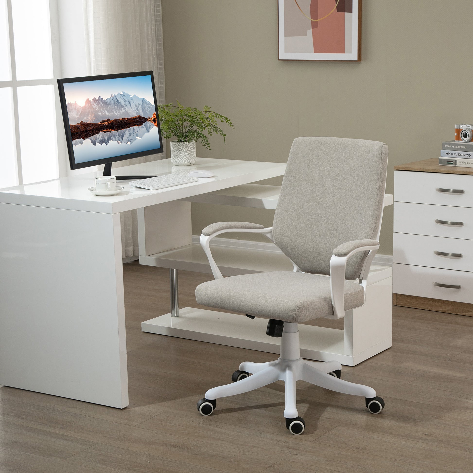 Swivel Office Chair Tilt Desk Chair with Armrests and Adjustable Height for Bedroom Living Room Load 120 kg 62x69x92-100 cm Beige