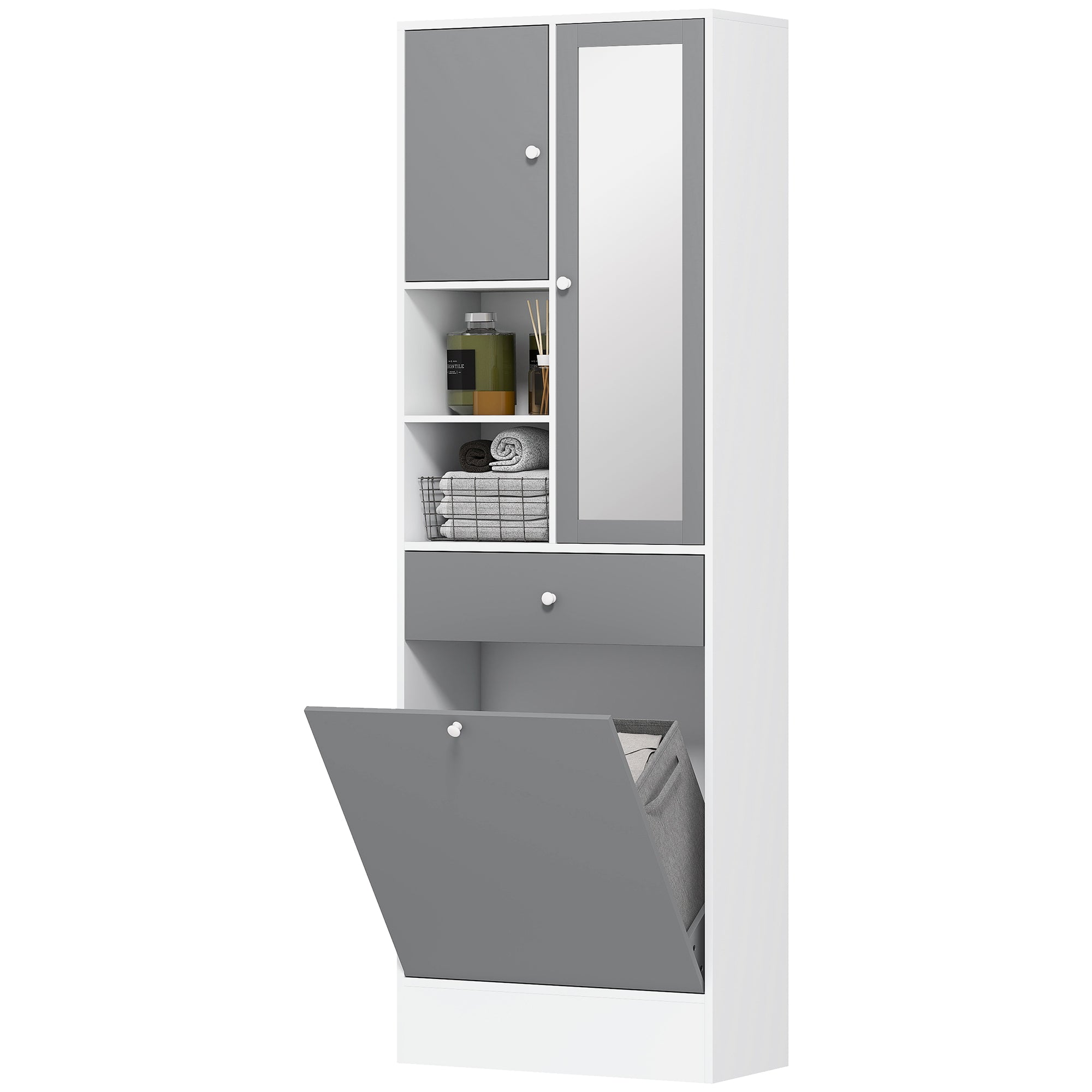 Bathroom Cabinet with Laundry Hamper Tall Bathroom Cabinet Narrow with Mirror Drawer Open Compartments and Adjustable Shelves 24.4x11.1x71.3 inches White and Gray