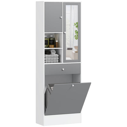 Bathroom Cabinet with Laundry Hamper Tall Bathroom Cabinet Narrow with Mirror Drawer Open Compartments and Adjustable Shelves 24.4x11.1x71.3 inches White and Gray