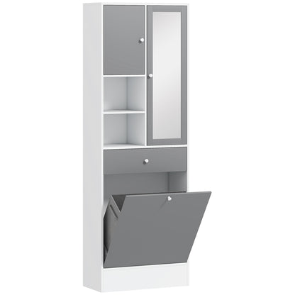 Bathroom Cabinet with Laundry Hamper Tall Bathroom Cabinet Narrow with Mirror Drawer Open Compartments and Adjustable Shelves 24.4x11.1x71.3 inches White and Gray
