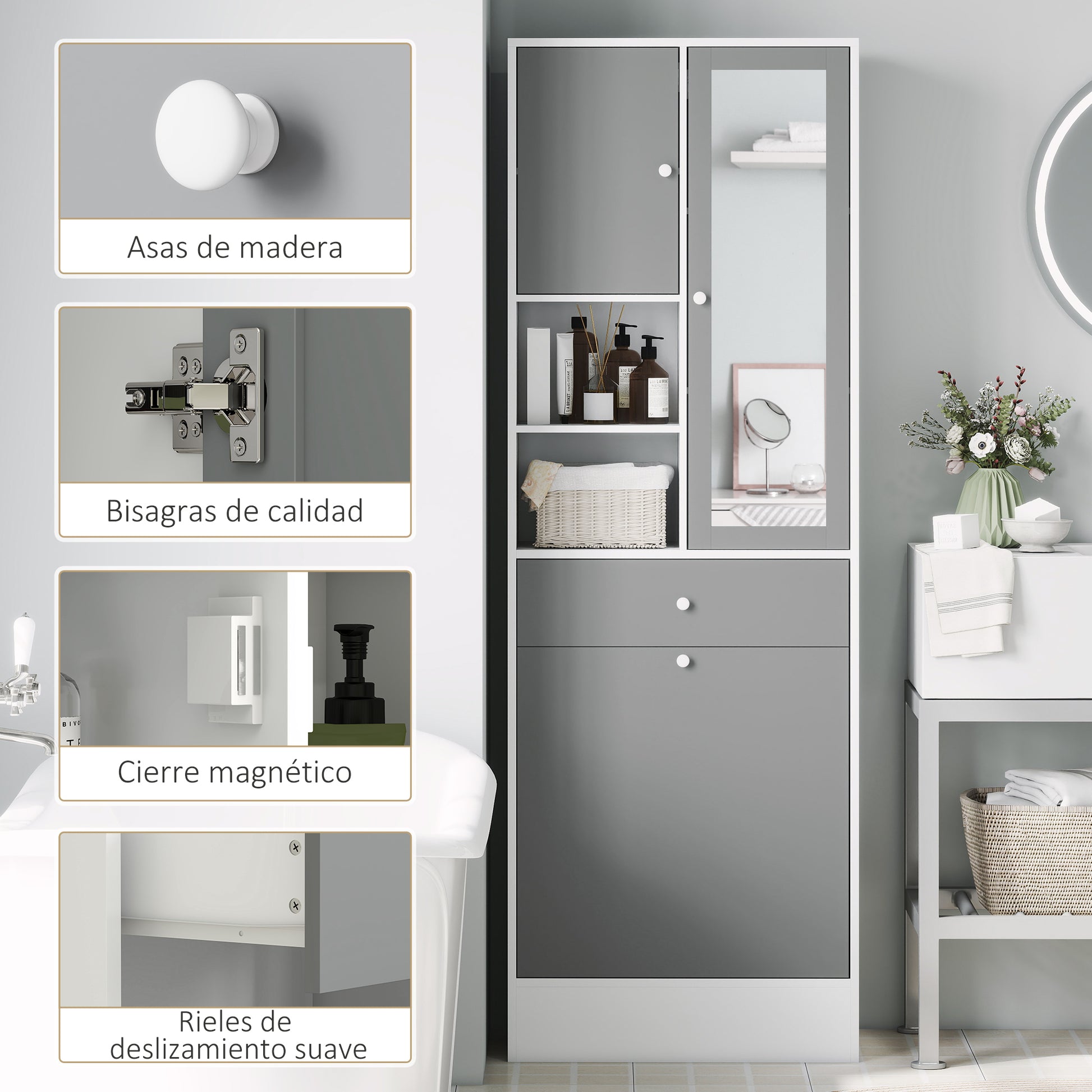 Bathroom Cabinet with Laundry Hamper Tall Bathroom Cabinet Narrow with Mirror Drawer Open Compartments and Adjustable Shelves 24.4x11.1x71.3 inches White and Gray