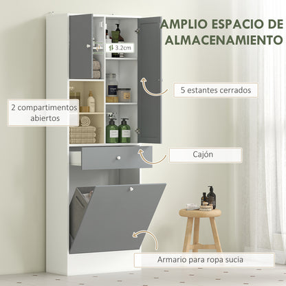 Bathroom Cabinet with Laundry Hamper Tall Bathroom Cabinet Narrow with Mirror Drawer Open Compartments and Adjustable Shelves 24.4x11.1x71.3 inches White and Gray