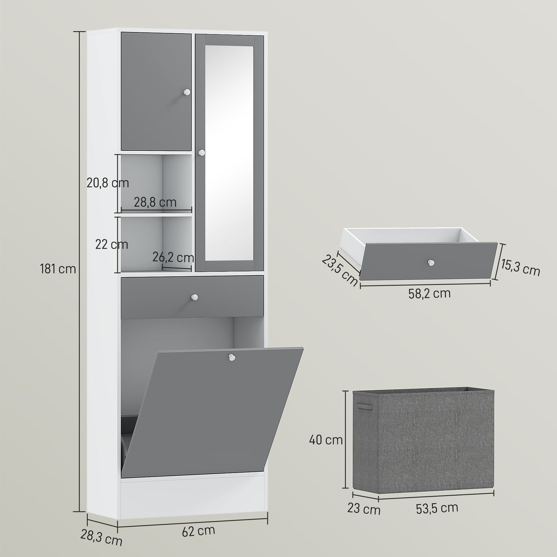 Bathroom Cabinet with Laundry Hamper Tall Bathroom Cabinet Narrow with Mirror Drawer Open Compartments and Adjustable Shelves 24.4x11.1x71.3 inches White and Gray