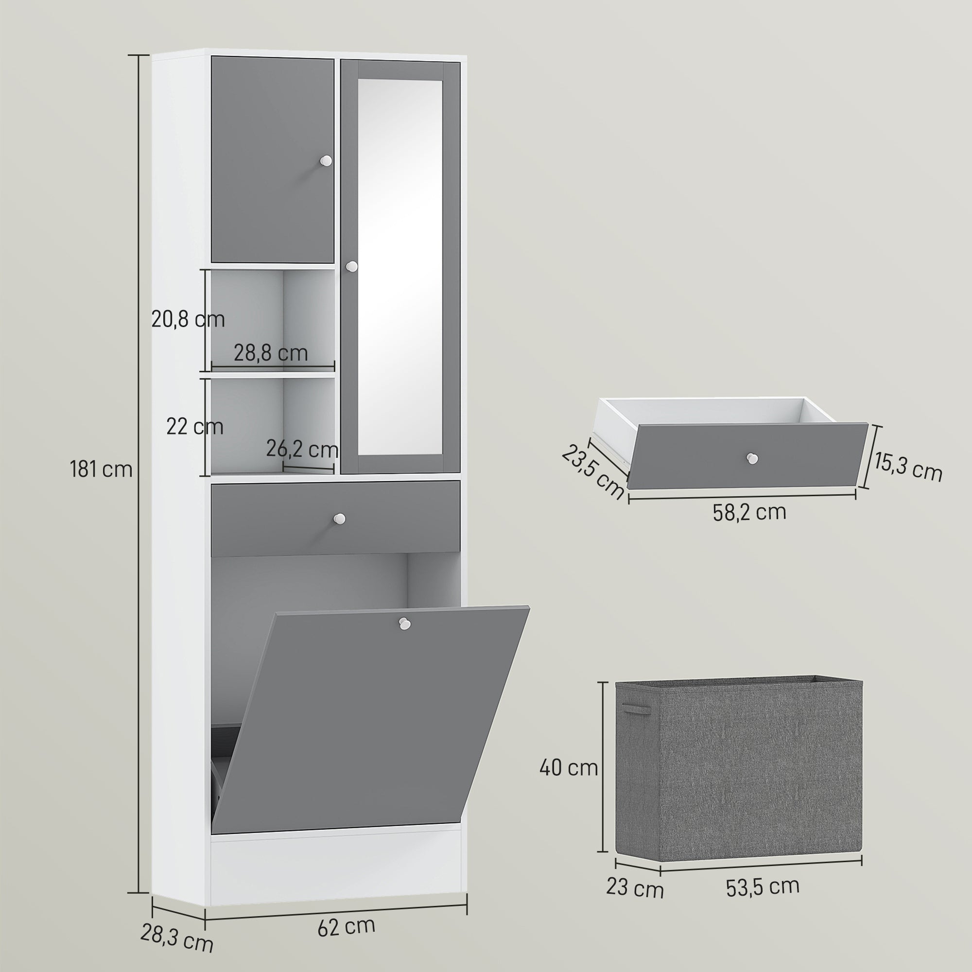 Bathroom Cabinet with Laundry Hamper Tall Bathroom Cabinet Narrow with Mirror Drawer Open Compartments and Adjustable Shelves 24.4x11.1x71.3 inches White and Gray