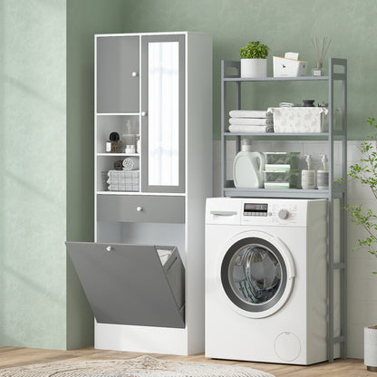 Bathroom Cabinet with Laundry Hamper Tall Bathroom Cabinet Narrow with Mirror Drawer Open Compartments and Adjustable Shelves 24.4x11.1x71.3 inches White and Gray