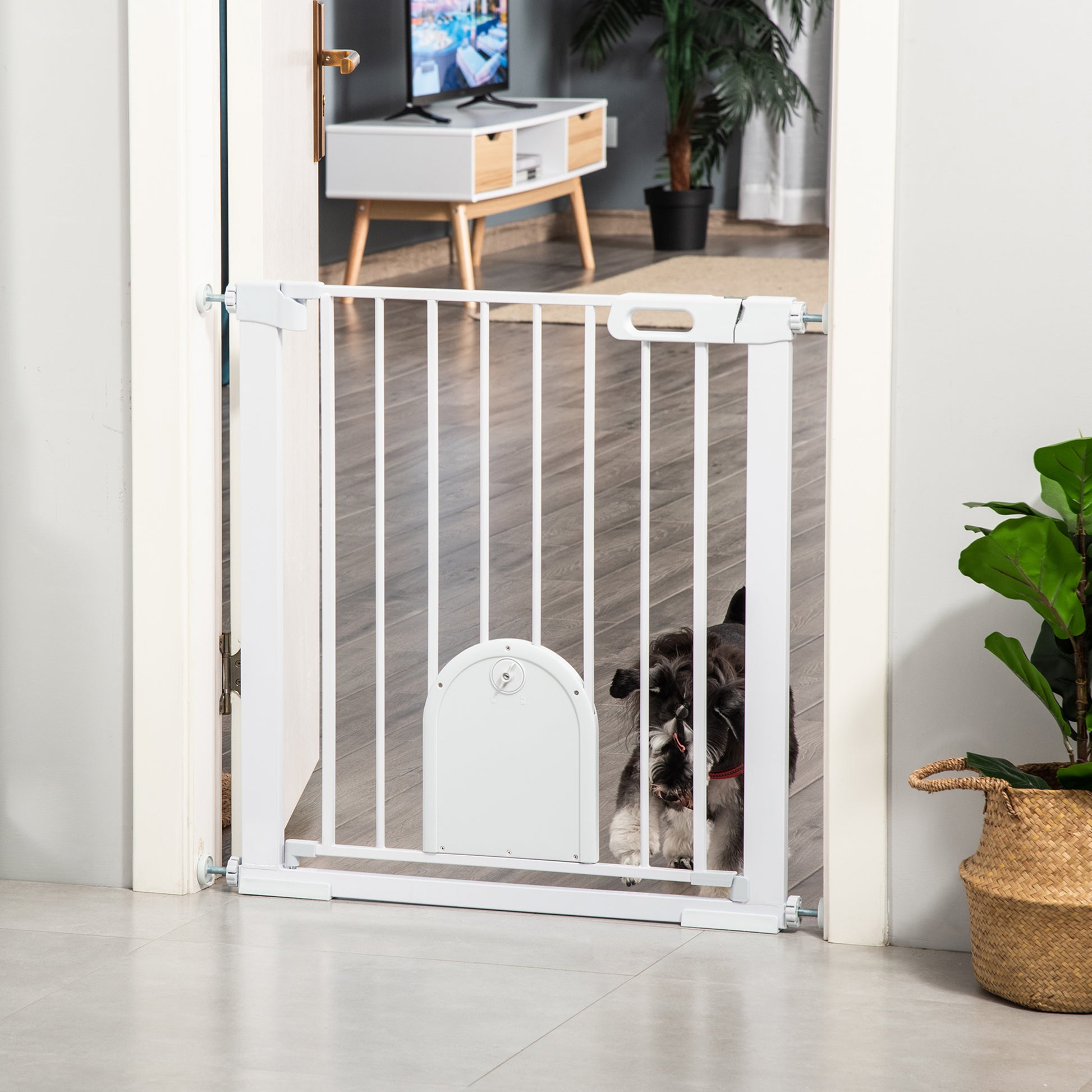 Dog Pet Safety Gate 75-103 cm for Stairs and Doors with 2 Extensions Automatic Lock and Double Lock System White