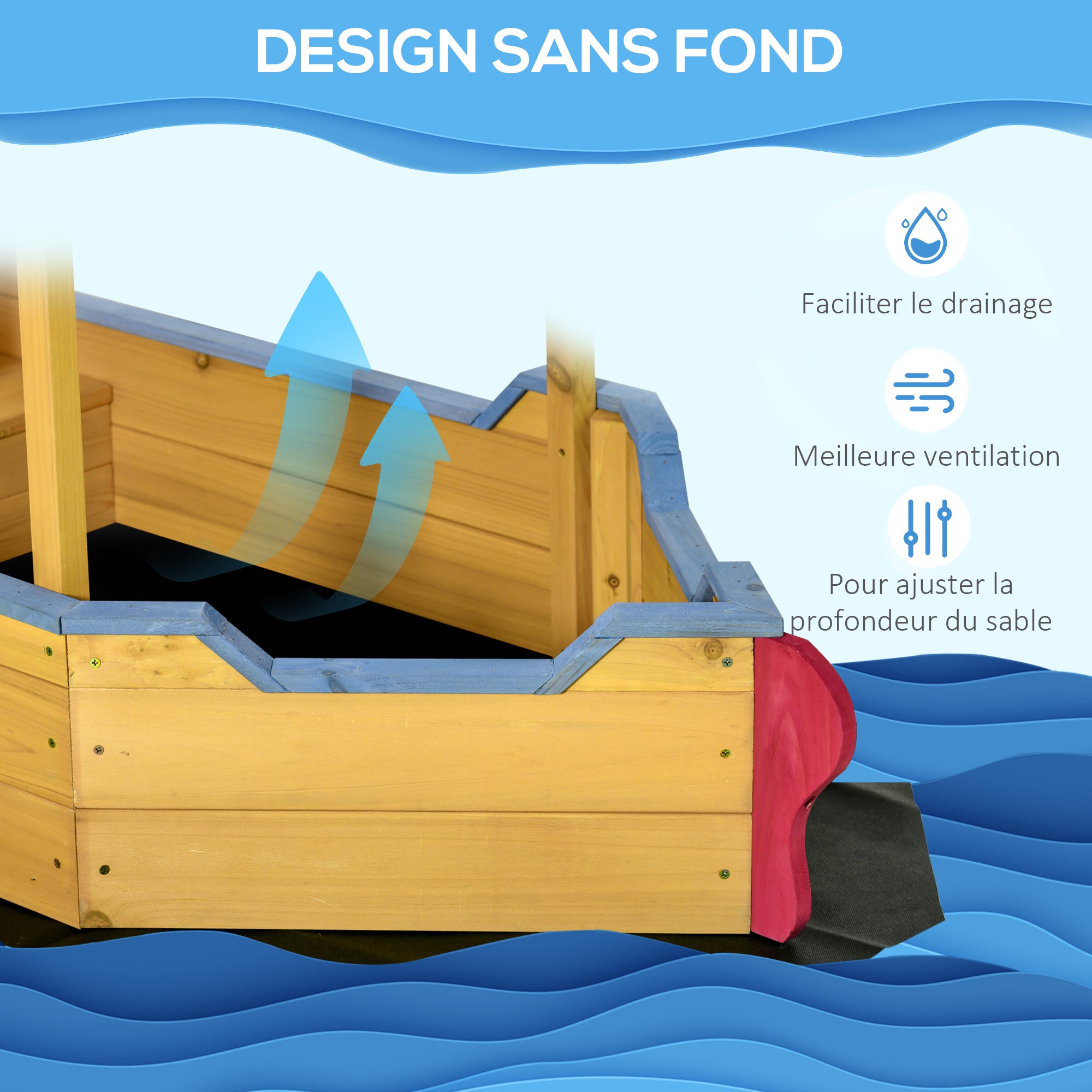 Wooden Pirate Ship Sandbox - Shading Sail, Storage Chest, Steering Wheel - Pre-oiled Pine Wood