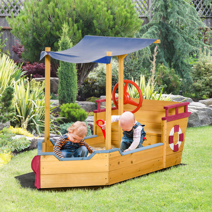 Wooden Pirate Ship Sandbox - Shading Sail, Storage Chest, Steering Wheel - Pre-oiled Pine Wood