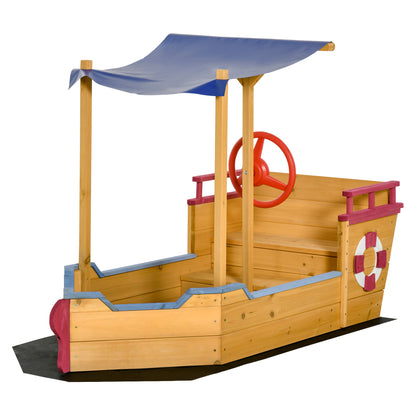 Wooden Pirate Ship Sandbox - Shading Sail, Storage Chest, Steering Wheel - Pre-oiled Pine Wood