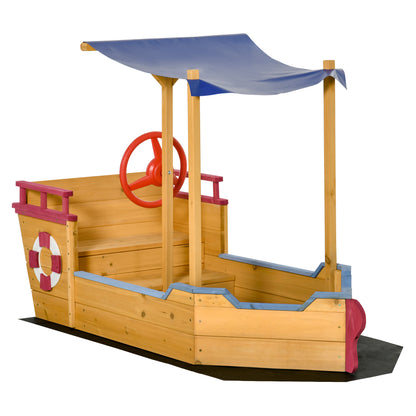 Wooden Pirate Ship Sandbox - Shading Sail, Storage Chest, Steering Wheel - Pre-oiled Pine Wood