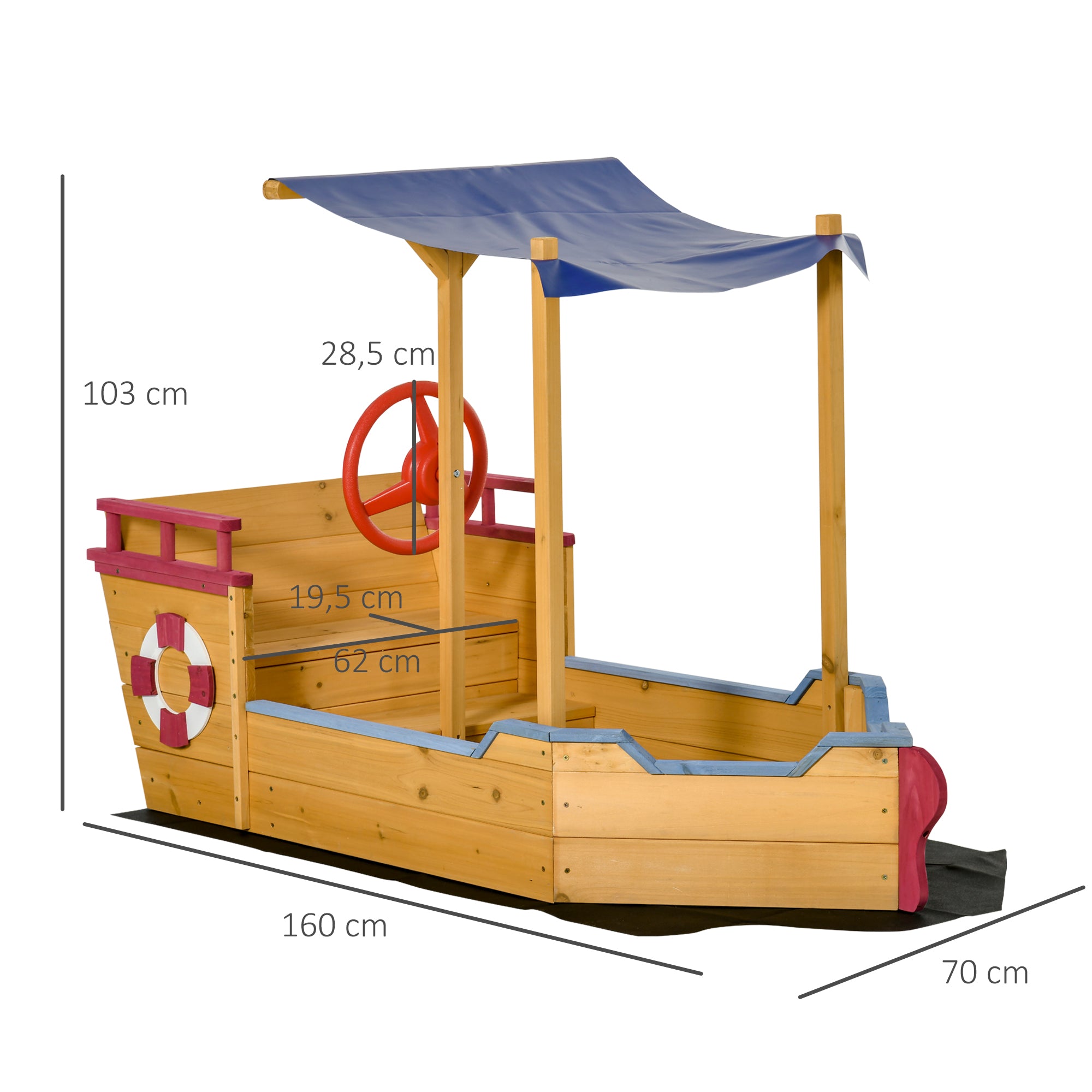 Wooden Pirate Ship Sandbox - Shading Sail, Storage Chest, Steering Wheel - Pre-oiled Pine Wood
