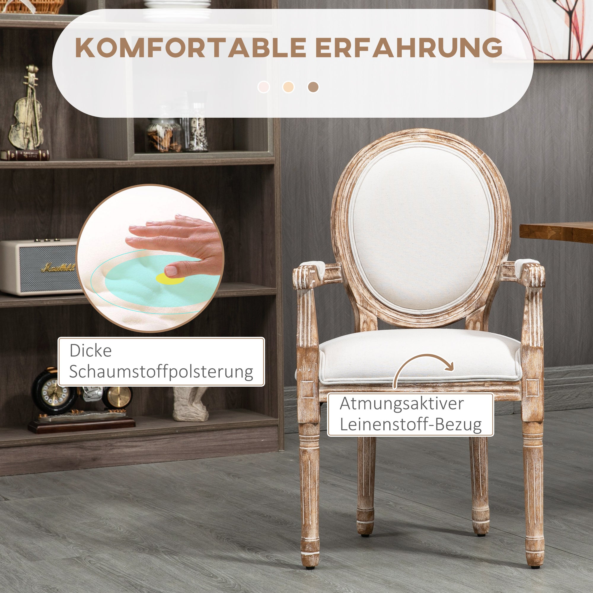 Dining Chair Retro Design Kitchen Chair with Armrests and Thick Upholstery Living Room Chair Upholstered Chair in Linen-Look for Living Room Rubber Wood Cream White+ Light Wood Color 56 x 56 x 96 cm