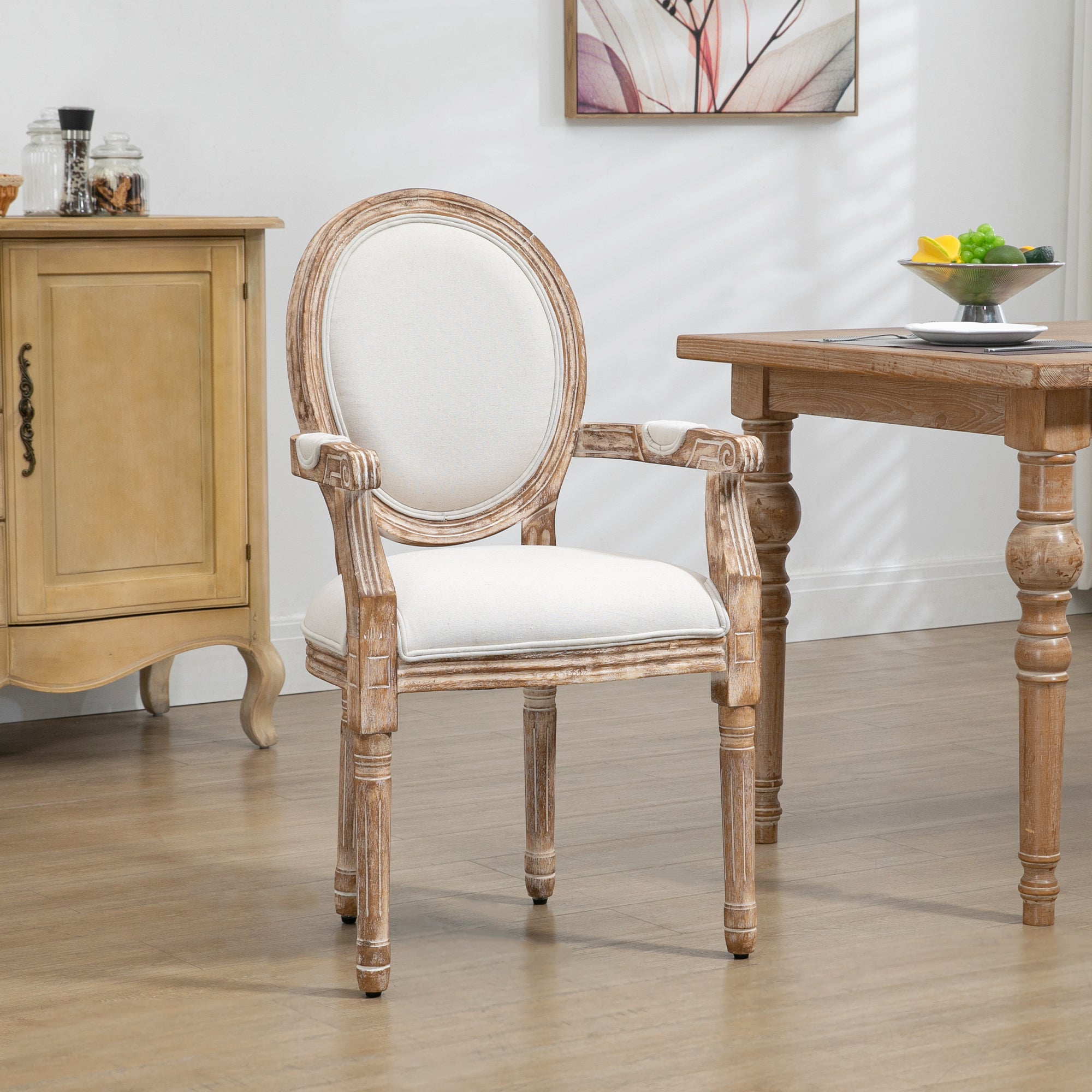 Dining Chair Retro Design Kitchen Chair with Armrests and Thick Upholstery Living Room Chair Upholstered Chair in Linen-Look for Living Room Rubber Wood Cream White+ Light Wood Color 56 x 56 x 96 cm