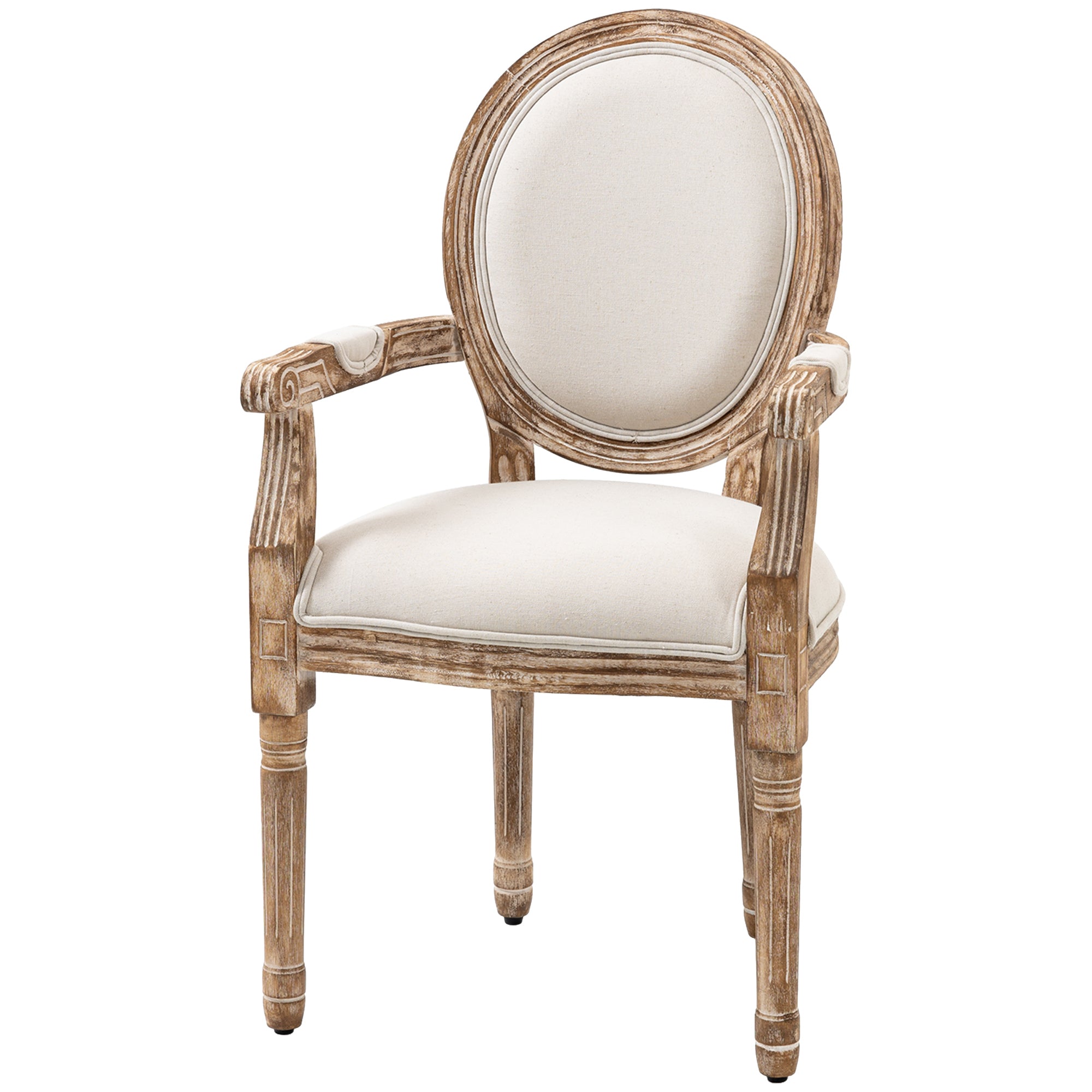 Dining Chair Retro Design Kitchen Chair with Armrests and Thick Upholstery Living Room Chair Upholstered Chair in Linen-Look for Living Room Rubber Wood Cream White+ Light Wood Color 56 x 56 x 96 cm